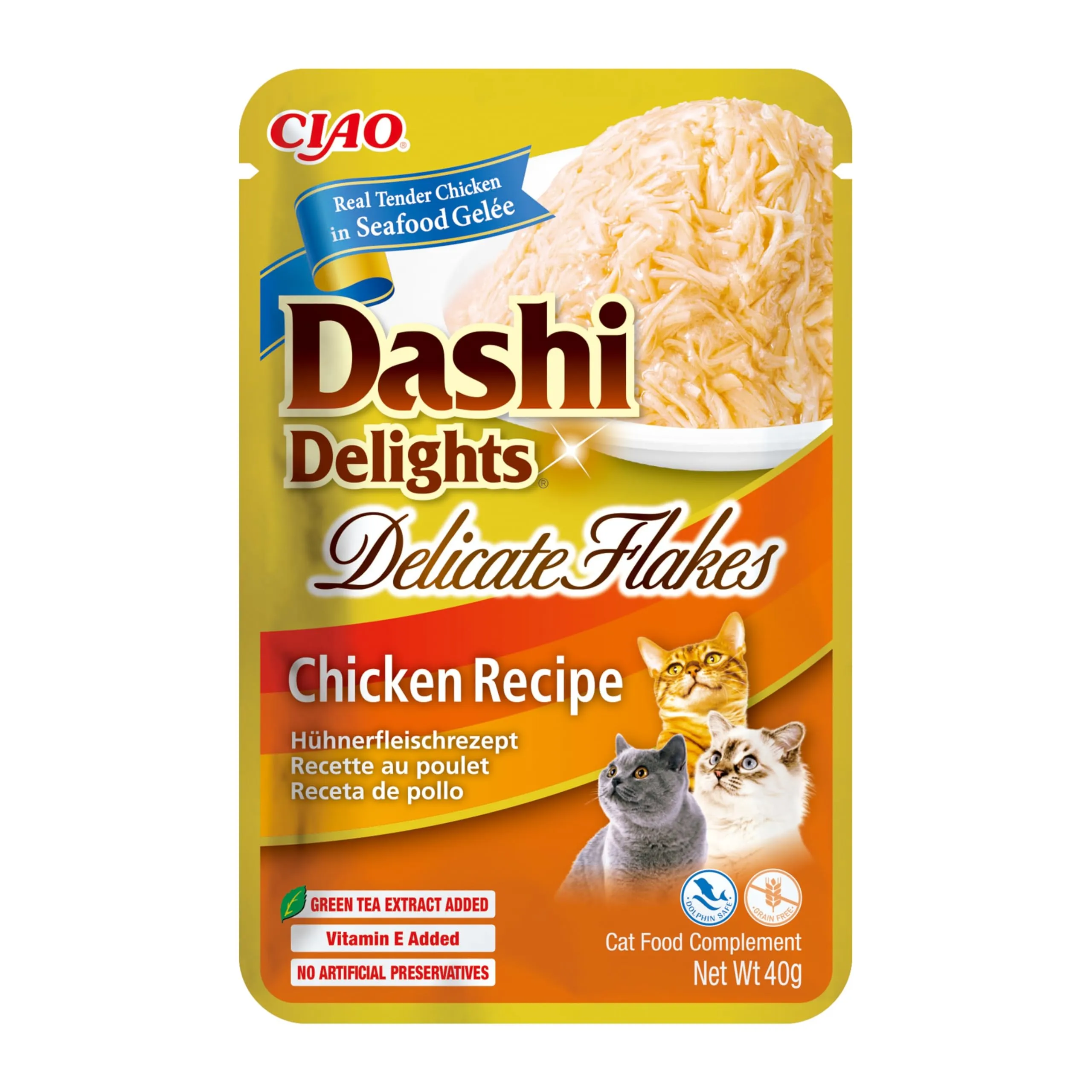 INABA Dashi Delights Delicate Flakes, Cibo Umido per Gatti con Pollo, Fiocchi in Brodo di Pesce, Ricco di Proteine, Ingredienti Naturali, Pasto Complementare, 1 Confezione da 40 g