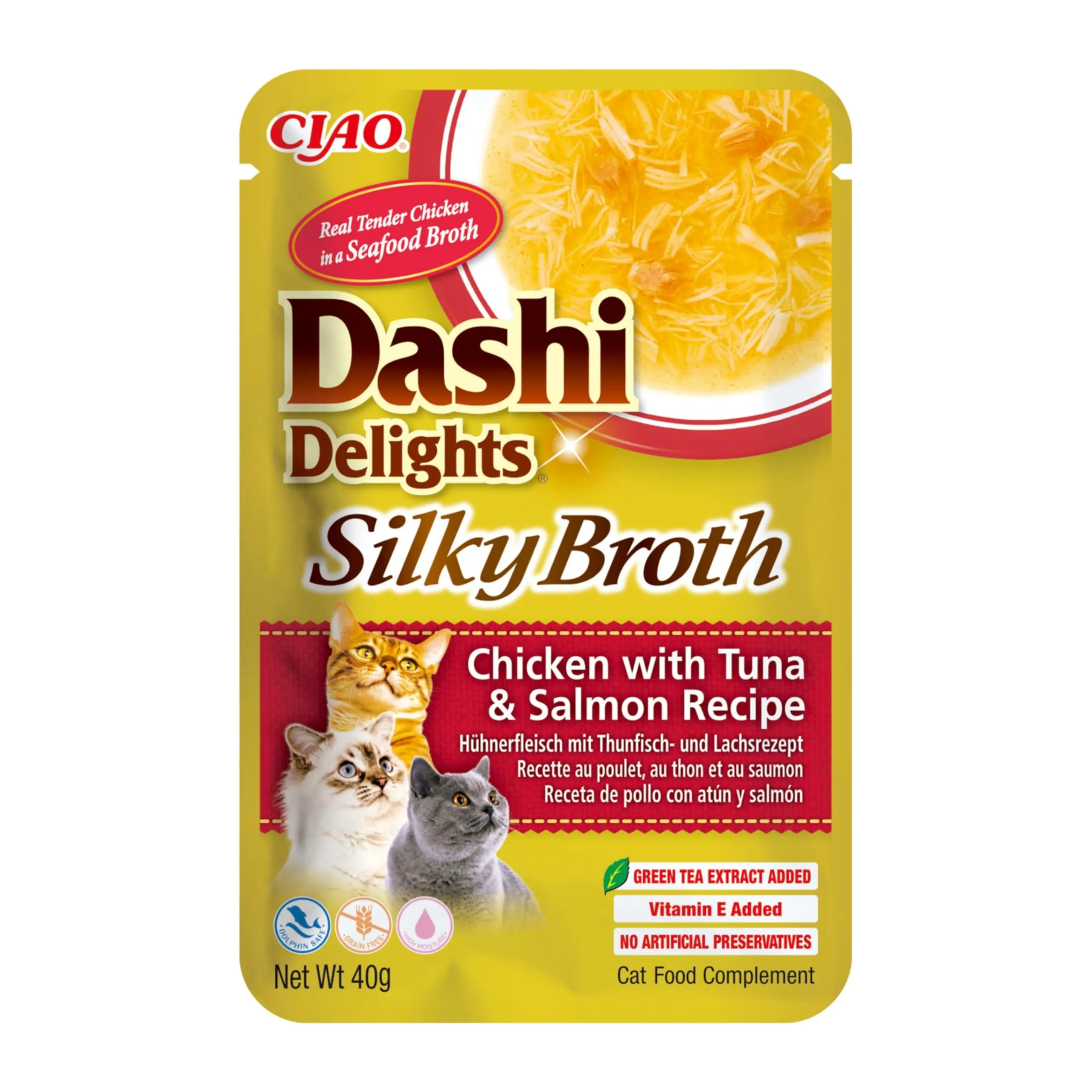 INABA Dashi Delights Silky Broth, Cibo Umido per Gatti con Pollo, Tonno e Salmone, Brodo di Pesce, Ricco di Proteine, Ingredienti Naturali, Pasto Complementare, 1 Confezione da 40 g