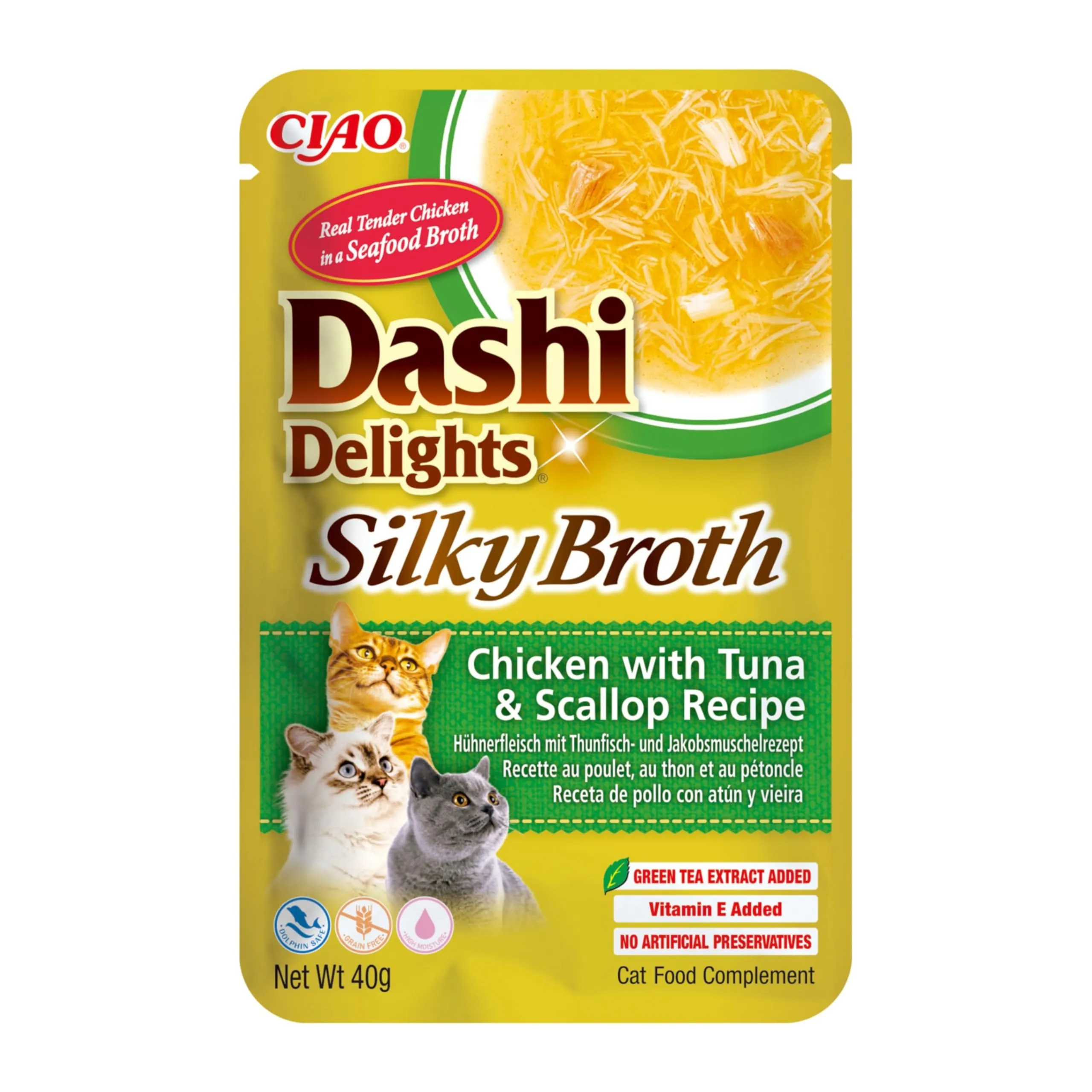 INABA Dashi Delights Silky Broth, Cibo Umido per Gatti con Pollo, Tonno e Capesante, Brodo di Pesce, Ricco di Proteine, Ingredienti Naturali, Pasto Complementare, 1 Confezione da 40 g