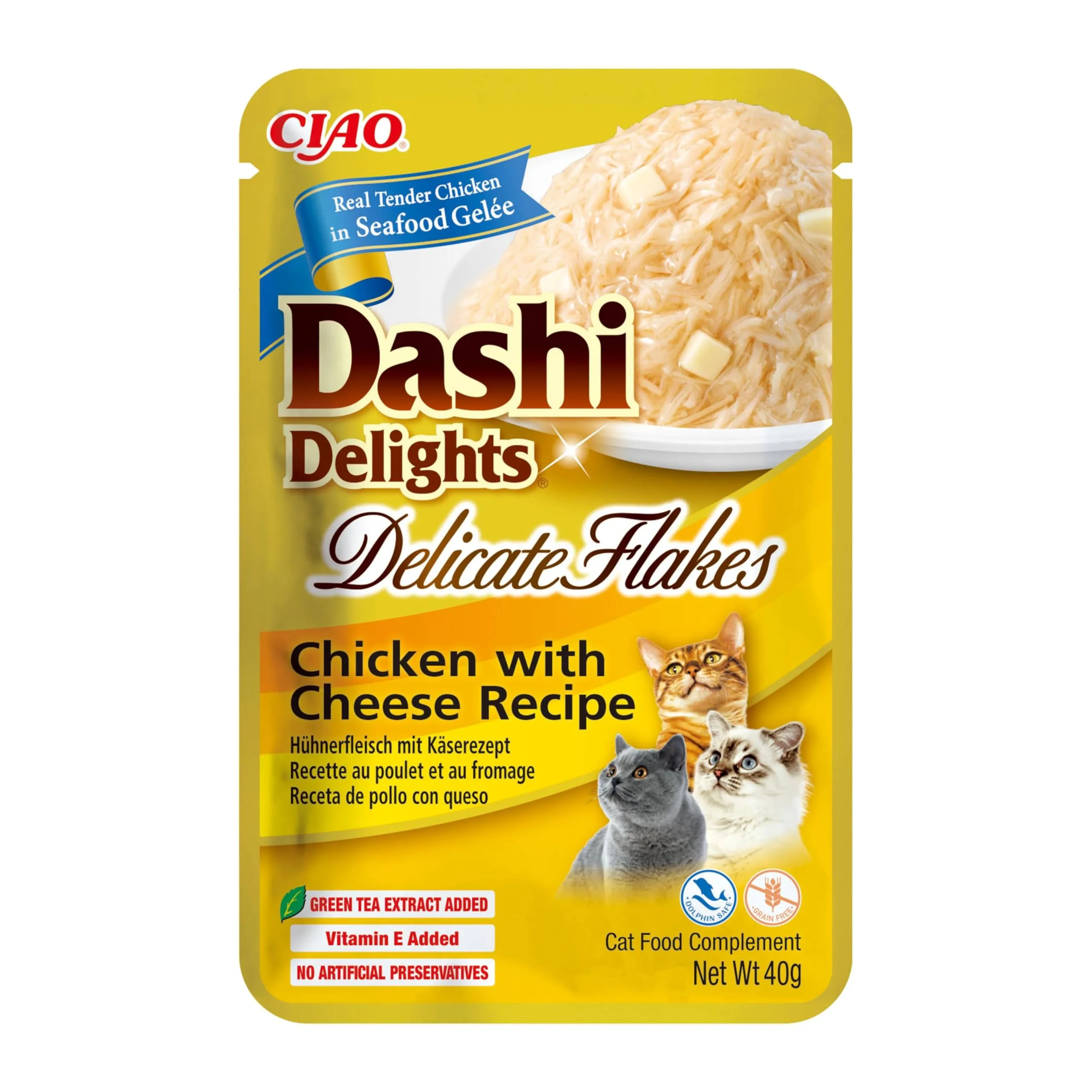 INABA Dashi Delights Delicate Flakes, Cibo Umido per Gatti con Pollo e Formaggio, Fiocchi in Brodo di Pesce, Ricco di Proteine, Ingredienti Naturali, Pasto Complementare, 1 Confezione da 40 g