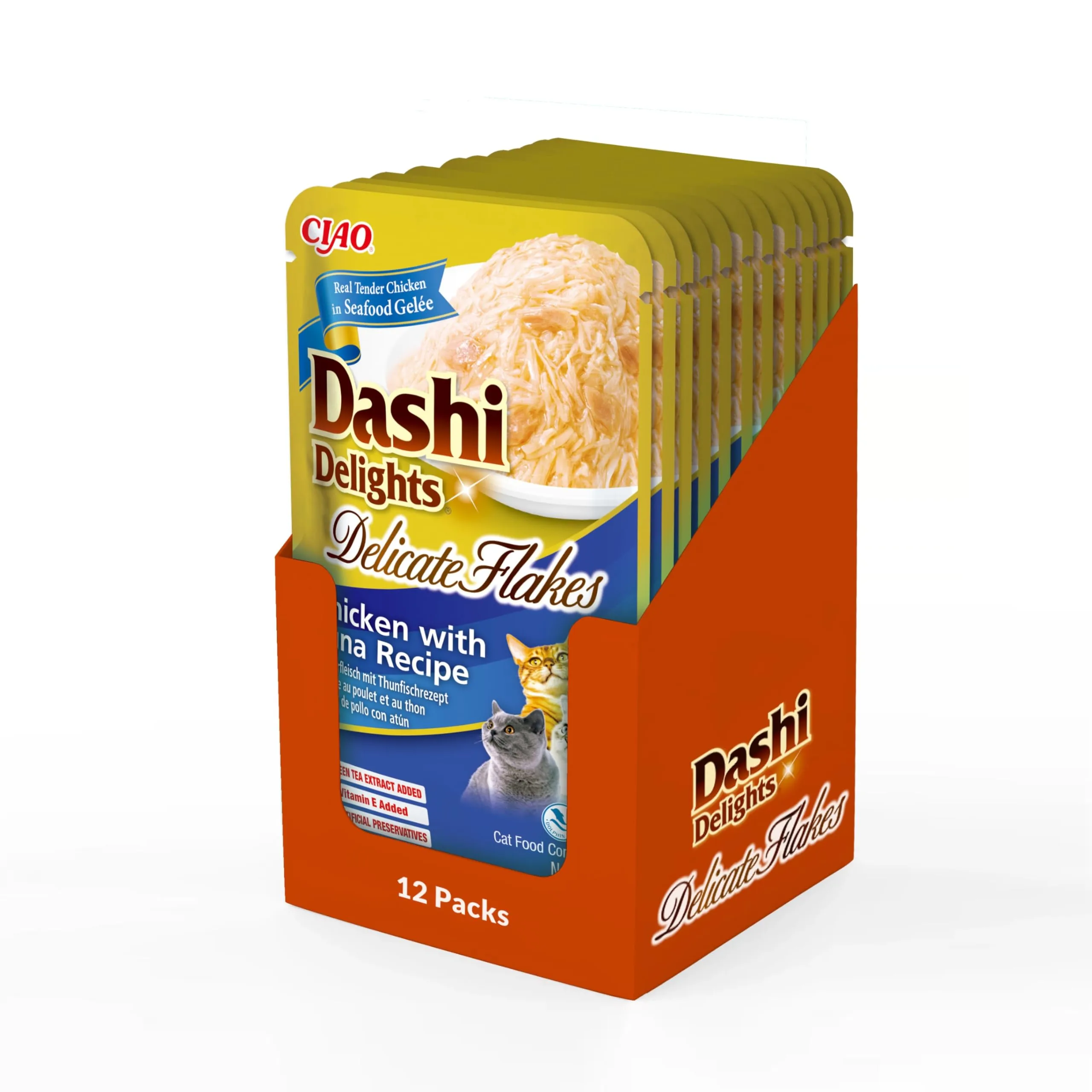 INABA Dashi Delights Delicate Flakes, Cibo Umido per Gatti con Pollo e Tonno, Fiocchi in Brodo di Pesce, Ricco di Proteine, Ingredienti Naturali, Pasto Complementare, 12 Confezioni da 40 g