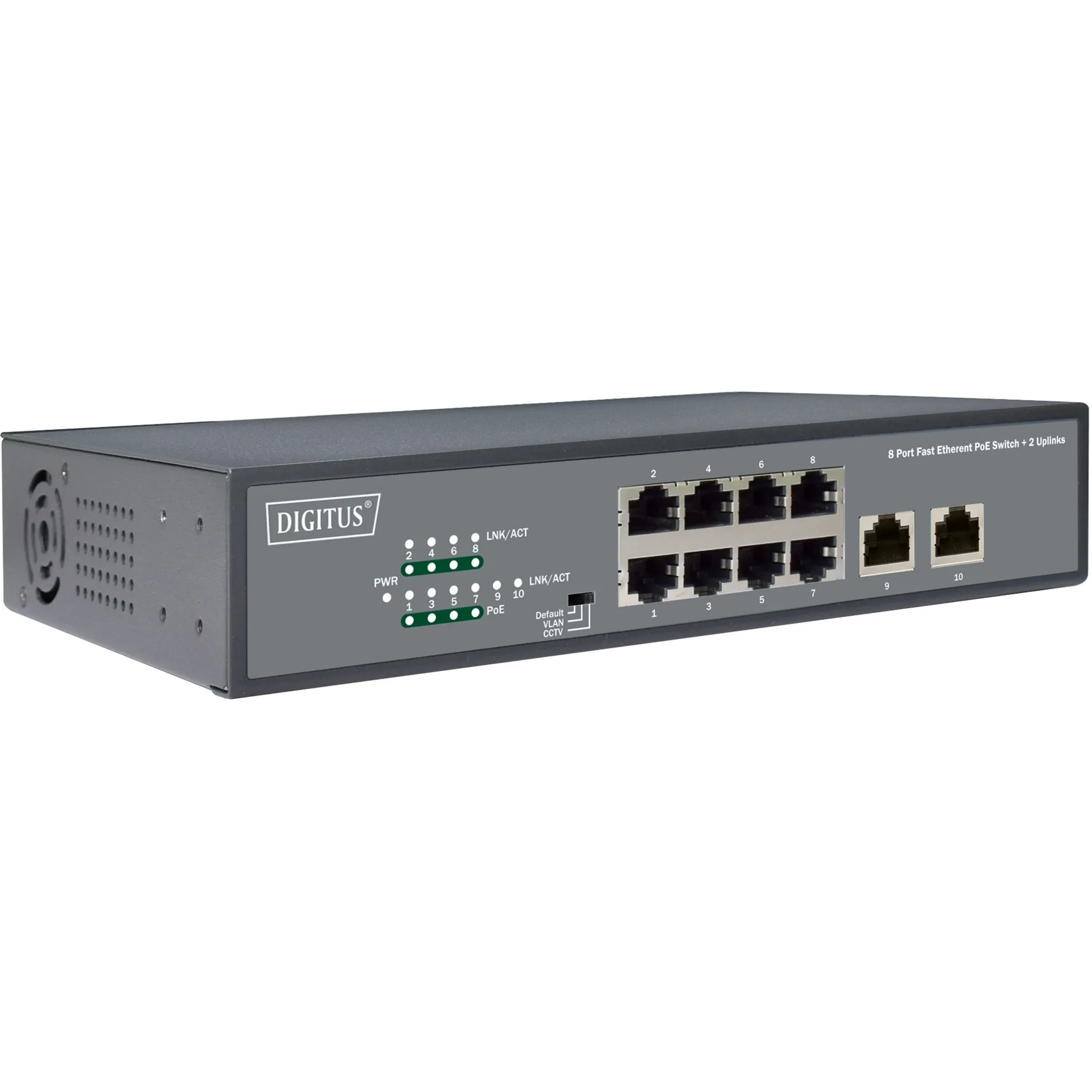 8 Port Fast Ethernet PoE Switch, 19 Inch, Unmanaged, 2 Uplinks, Interruttore