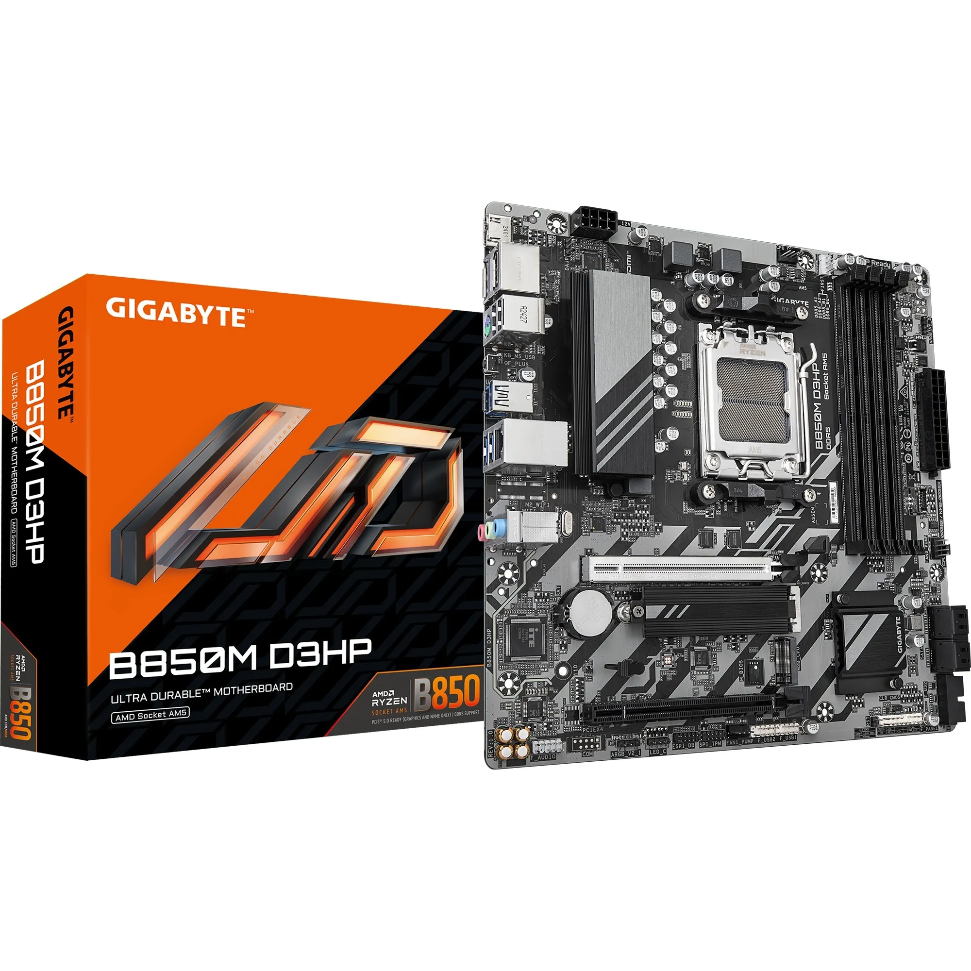 B850M D3HP Scheda Madre - Processori AMD Ryzen Serie 9000, 5+2+2 fasi VRM digitali, fino a 8200MHz DDR5 (OC), 1xPCIe 5.0 + 1xPCIe 4.0 M.2, LAN GbE, USB 3.2 Gen 2