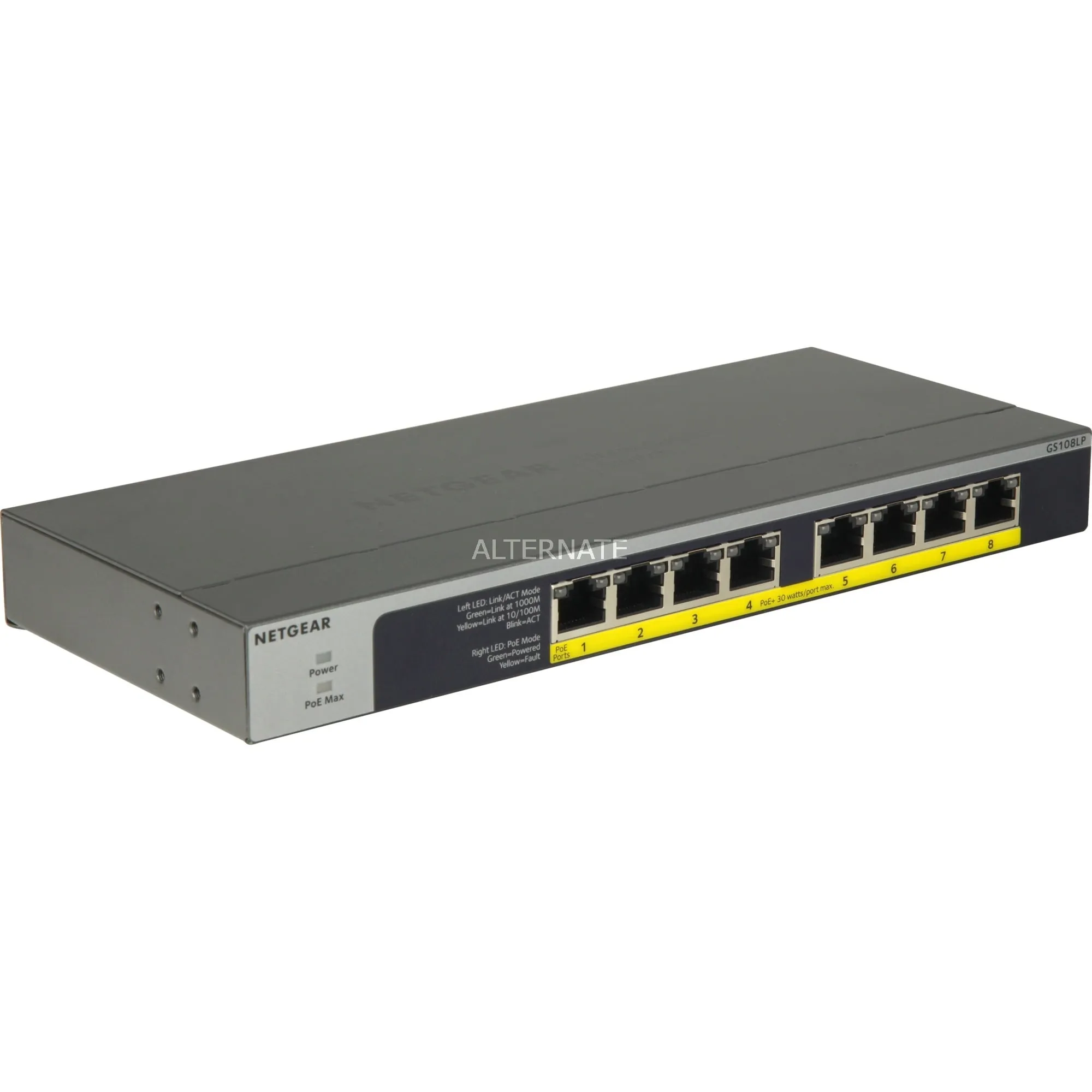 GS108LP Non gestito Gigabit Ethernet (10/100/1000) Supporto Power over Ethernet (PoE) 1U Nero, Grigio, Interruttore
