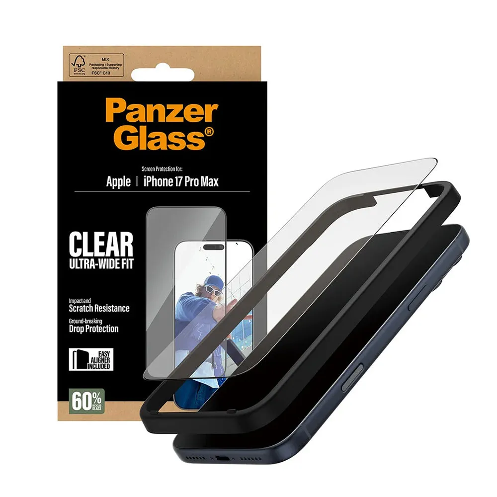 Pellicola protettiva per schermo PanzerGlass Ultra-Wide Fit EasyAligner per Apple 17 Pro Max, Vetro temperato, Colla completa, Nero