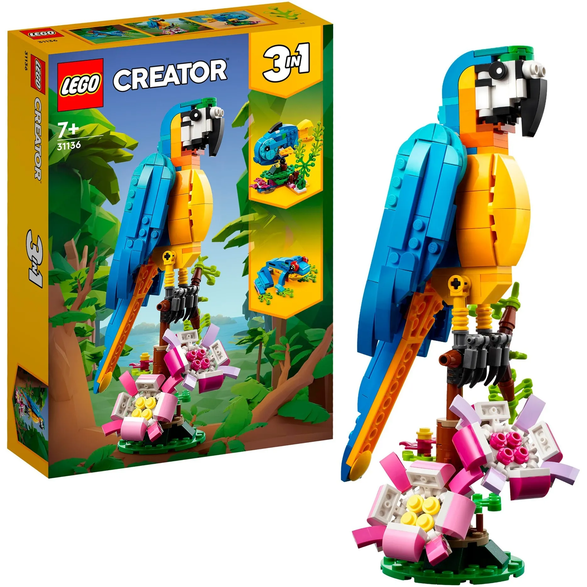Creator 31136 Pappagallo Esotico, Set 3 in 1 con Pesce e Rana, Animali Giocattolo, Giochi Creativi per Bambini da 7 Anni, Giochi di costruzione