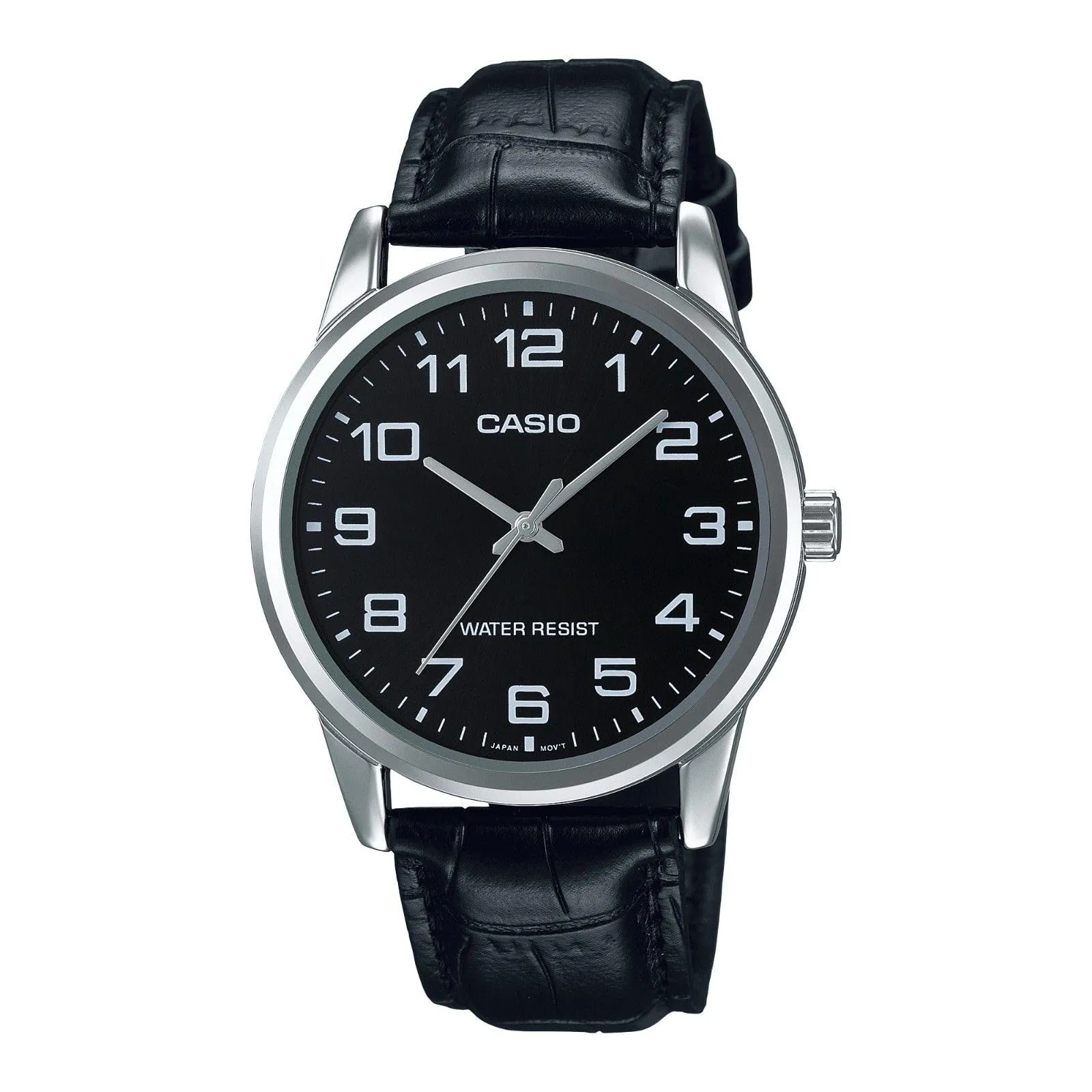 Casio Orologio da polso da uomo al quarzo classico cinturino in pelle nero cassa in ottone display analogico nero - MTP-V001L-1B