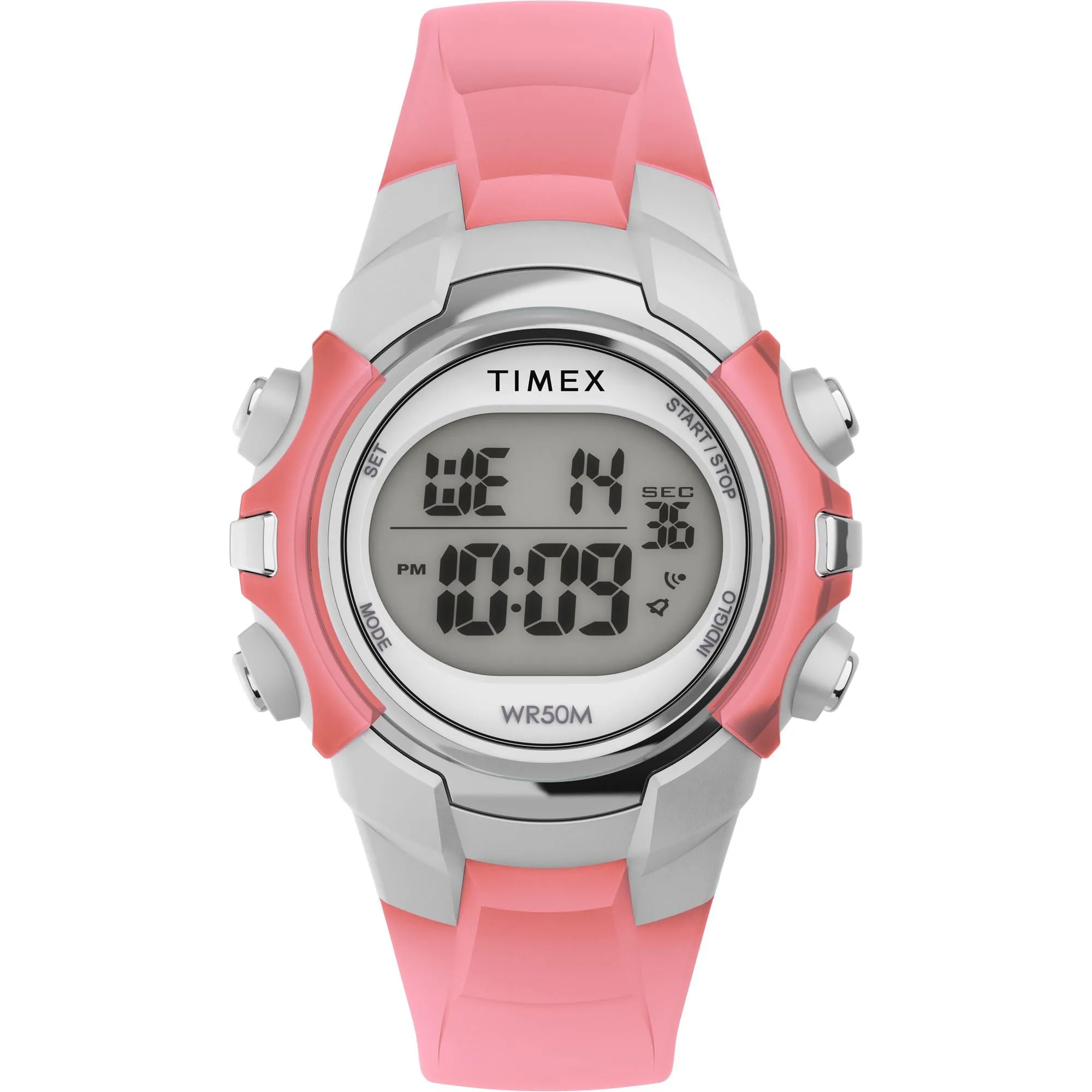 Timex Orologio sportivo unisex da 33 mm, cinturino in resina rosa, quadrante digitale, cassa argentata TW5M61600