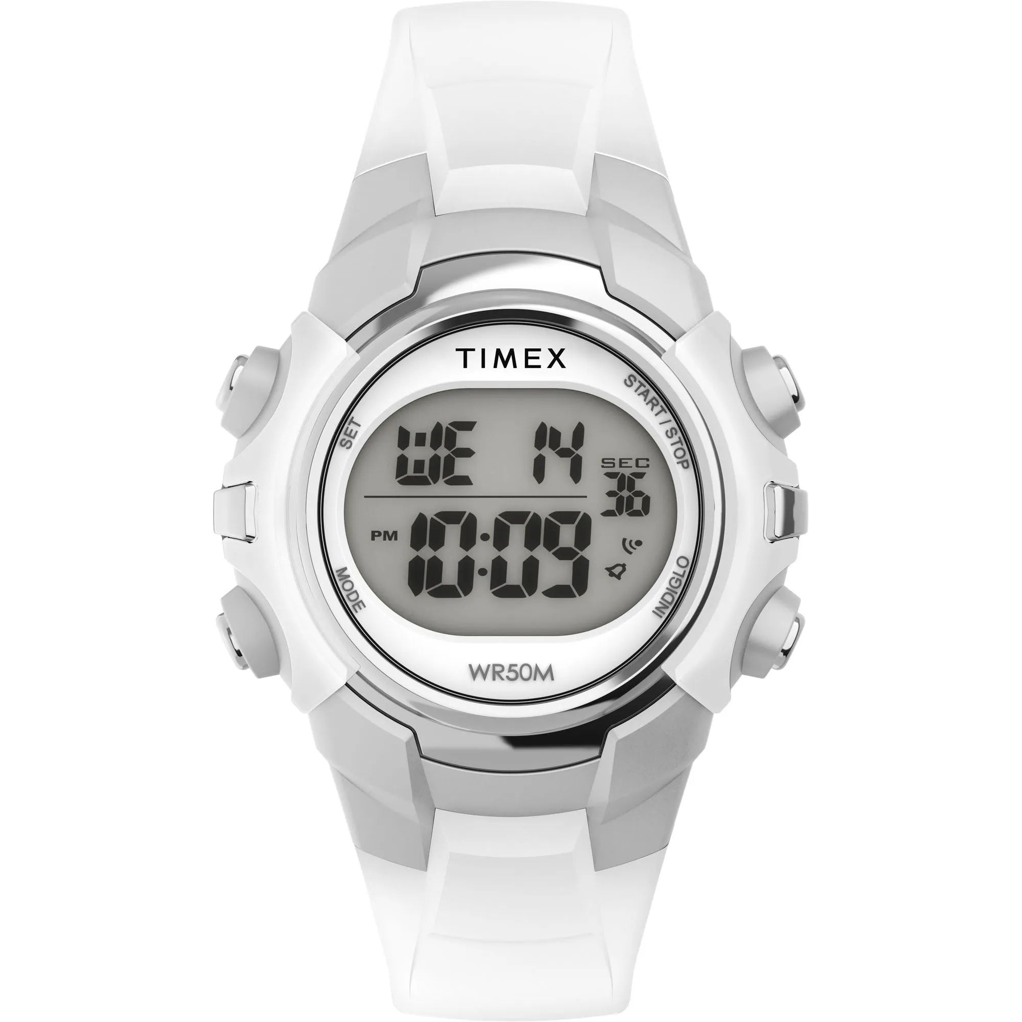 Timex Orologio sportivo unisex da 33 mm, cinturino in resina bianca, quadrante digitale, cassa argentata TW5M61500