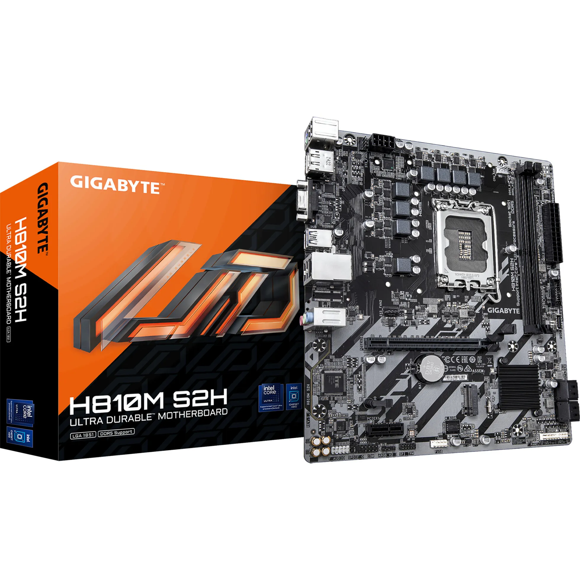 H810M S2H Scheda madre - CPU Intel Core Ultra (Serie 2), VRM a 4+1+2 fasi, fino a 6400 MHz DDR5, 1xPCIe 4.0 M.2, LAN 1GbE, USB 3.2 Gen 1