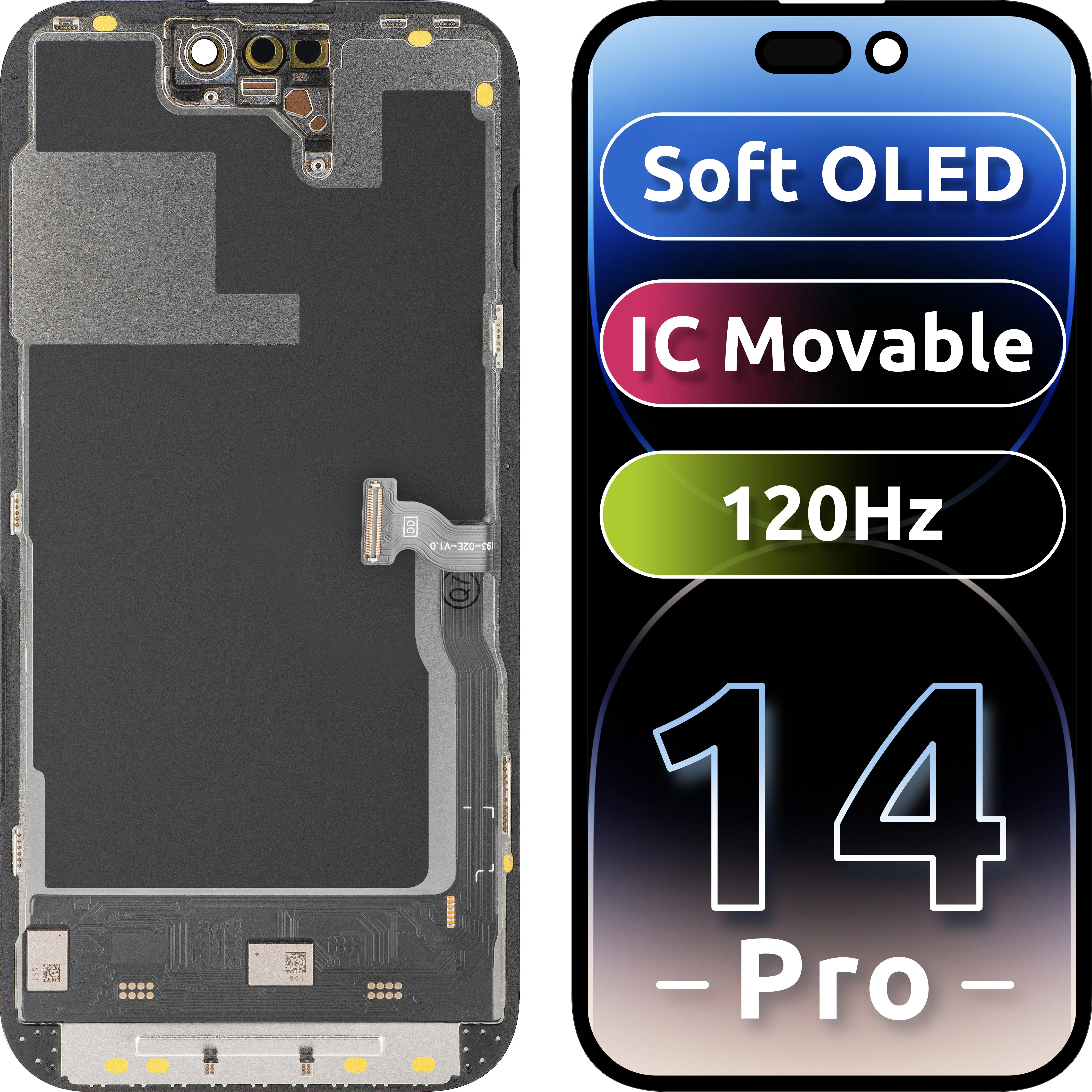 Display con Touchscreen MP compatibile con Apple iPhone 14 Pro, con Cornice, Versione Soft OLED FHD 120Hz IC Movable, Nero
