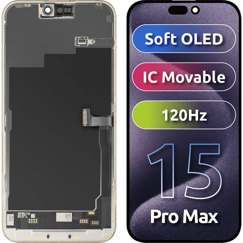 Display con Touchscreen MP compatibile con Apple iPhone 15 Pro Max, con Cornice, Versione Soft OLED FHD 120Hz IC Movable, Nero