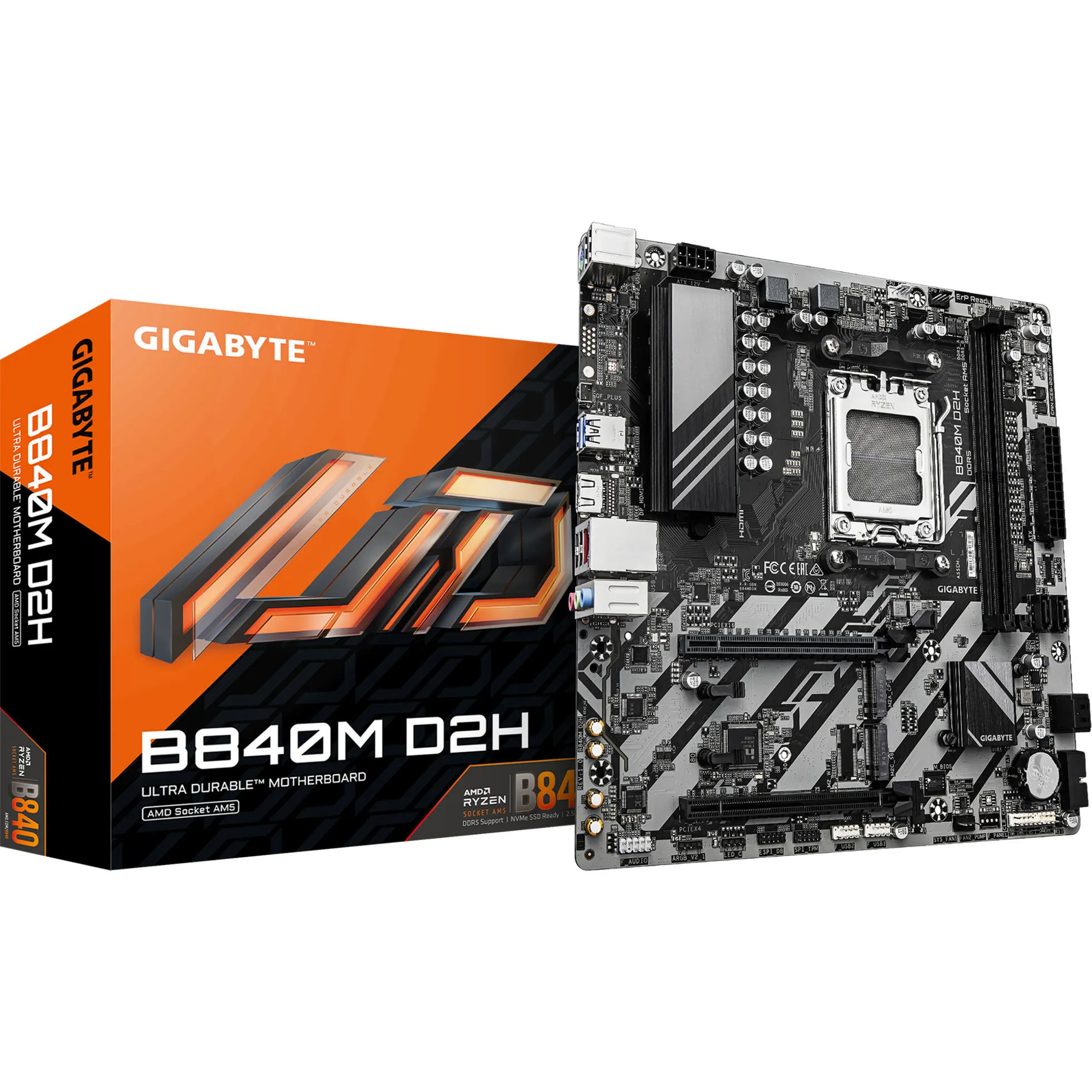 B840M D2H Scheda madre - CPU AMD Ryzen 9000, VRM a 5+2+2 fasi, fino a 7600 MHz DDR5, 1xPCIe 4.0 + 1xPCIe 3.0 M.2, LAN 2.5GbE, USB 3.2 Gen 1