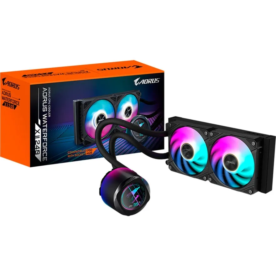 AORUS WATERFORCE X II 240 Raffreddamento a liquido per CPU AIO - 2x ventole ARGB da 120 mm, LCD a colori, DAISY-CHAIN, compatibile con Intel LGA 1851 e AMD AM5, Raffreddamento ad acqua