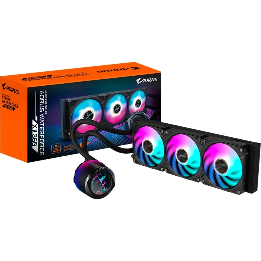 AORUS WATERFORCE X II 360 Raffreddamento a liquido per CPU AIO - 3x ventole ARGB da 120 mm, LCD a colori, DAISY-CHAIN, compatibile con Intel LGA 1851 e AMD AM5, Raffreddamento ad acqua