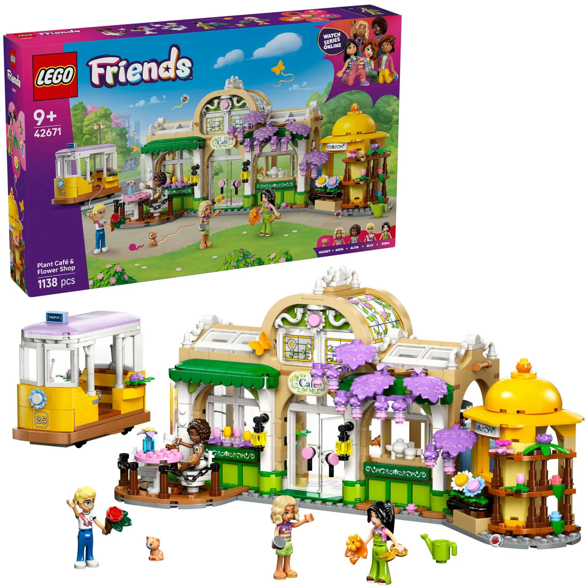 Friends 42671 Caffè delle Piante e Negozio di Fiori Giocattolo con 4 Mini Bamboline, Gatto, Tram e Accessori, Regalo 9+, Giochi di costruzione