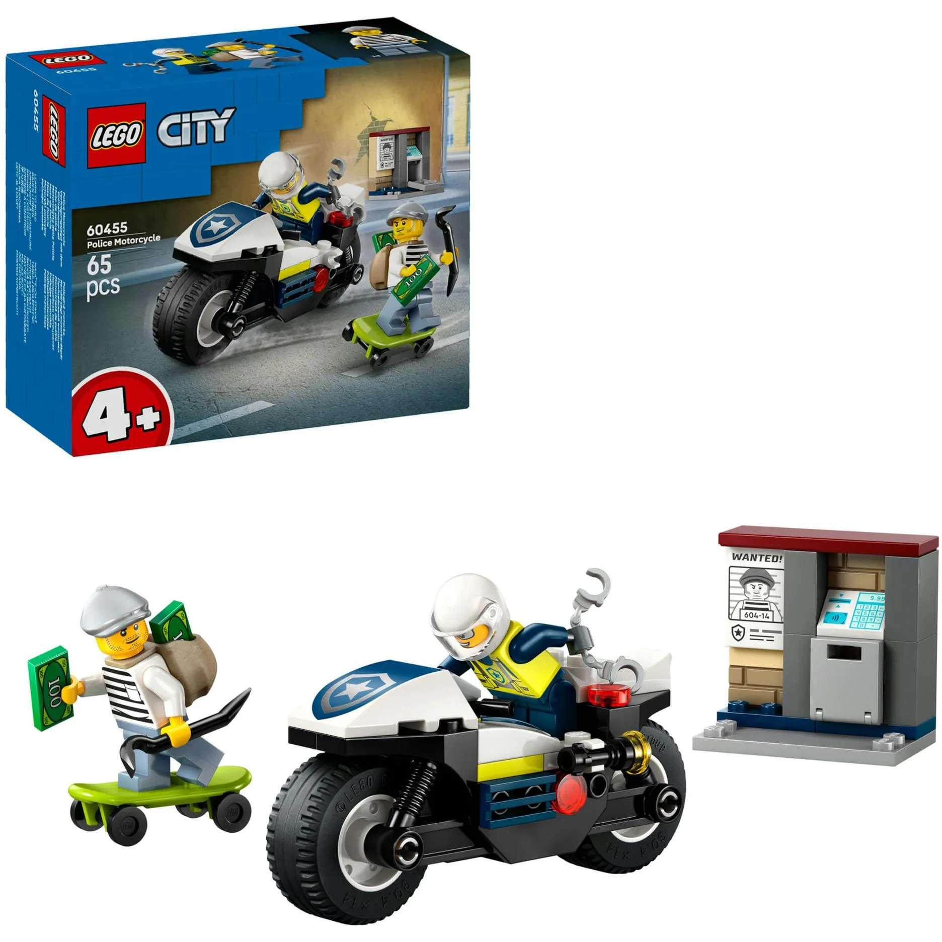 City 60455 Inseguimento della Moto della Polizia, con Motocicletta Giocattolo e 2 Minifigure, Regalo per Bambini da 4+, Giochi di costruzione