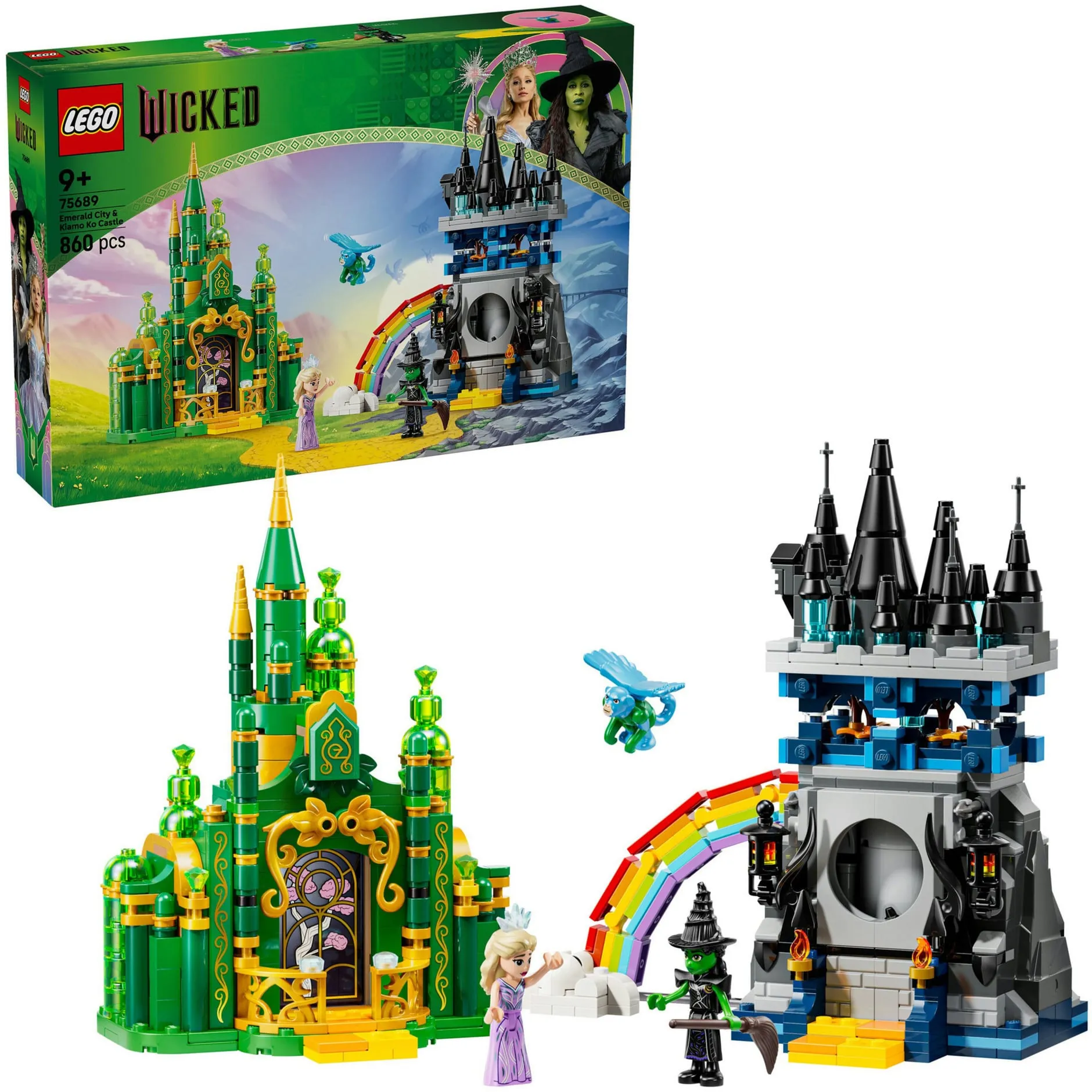 Wicked 75689 Città di Smeraldo e Castello Kiamo Ko, Giocattolo con Mini Bamboline di Elphaba e Glinda, Scimmia, Accessori, Giochi di costruzione