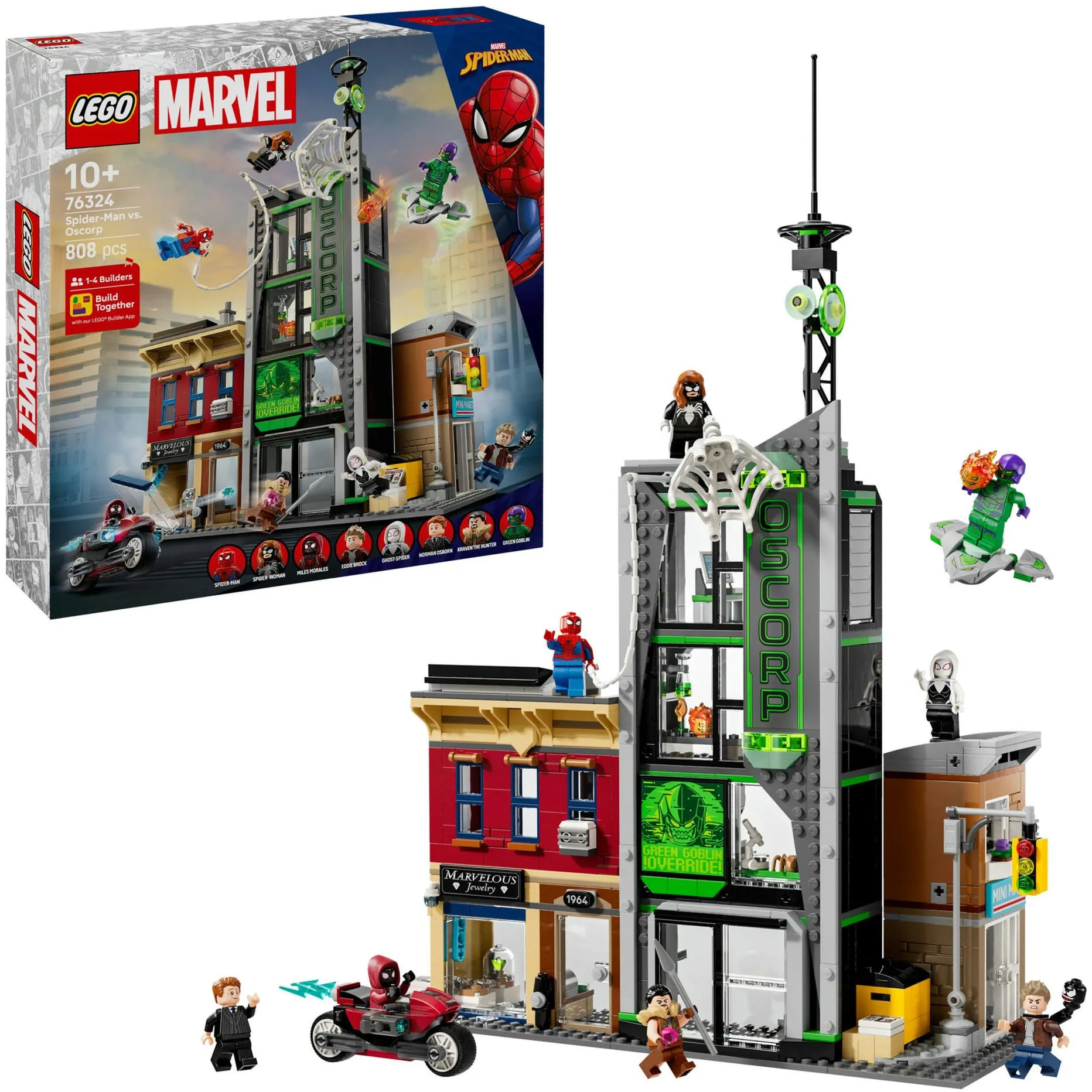 ǀ Marvel 76324 Spider-Man Contro Oscorp, Moto Giocattolo e 8 Minifigure, Regalo da Collezione per Bambini e Bambine 10+, Giochi di costruzione