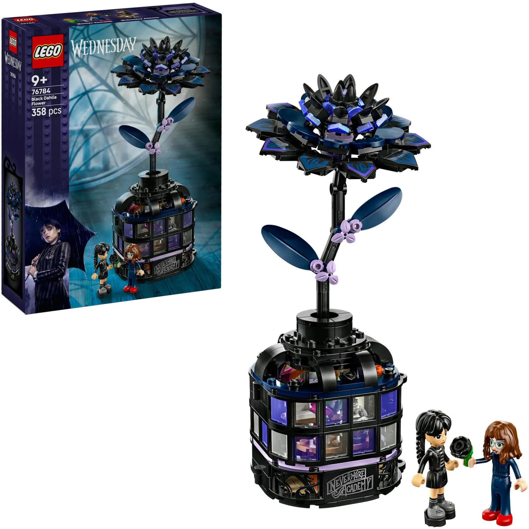 Wednesday 76784 Fiore di Dalia Nero, Giocattolo Apribile con Vaso, 2 Mini Bamboline e Accessori, Regalo per Bambini 9+, Giochi di costruzione