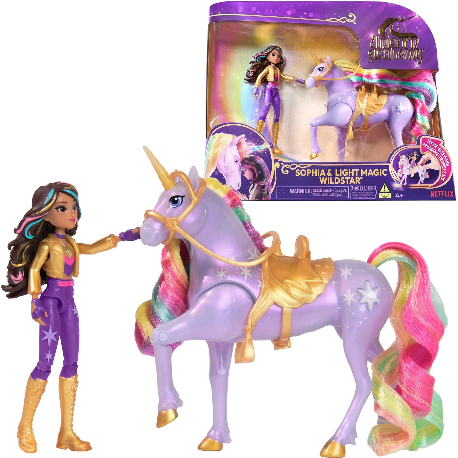 Unicorn Academy, Sophia & Light Magic Wildstar con Effetto Magica Luce dell’Arcobaleno, 2 Accessori per l''Equitazione, Bambole e Unicorni Giocattolo per Bambine, 4+ Anni, Gioco figura