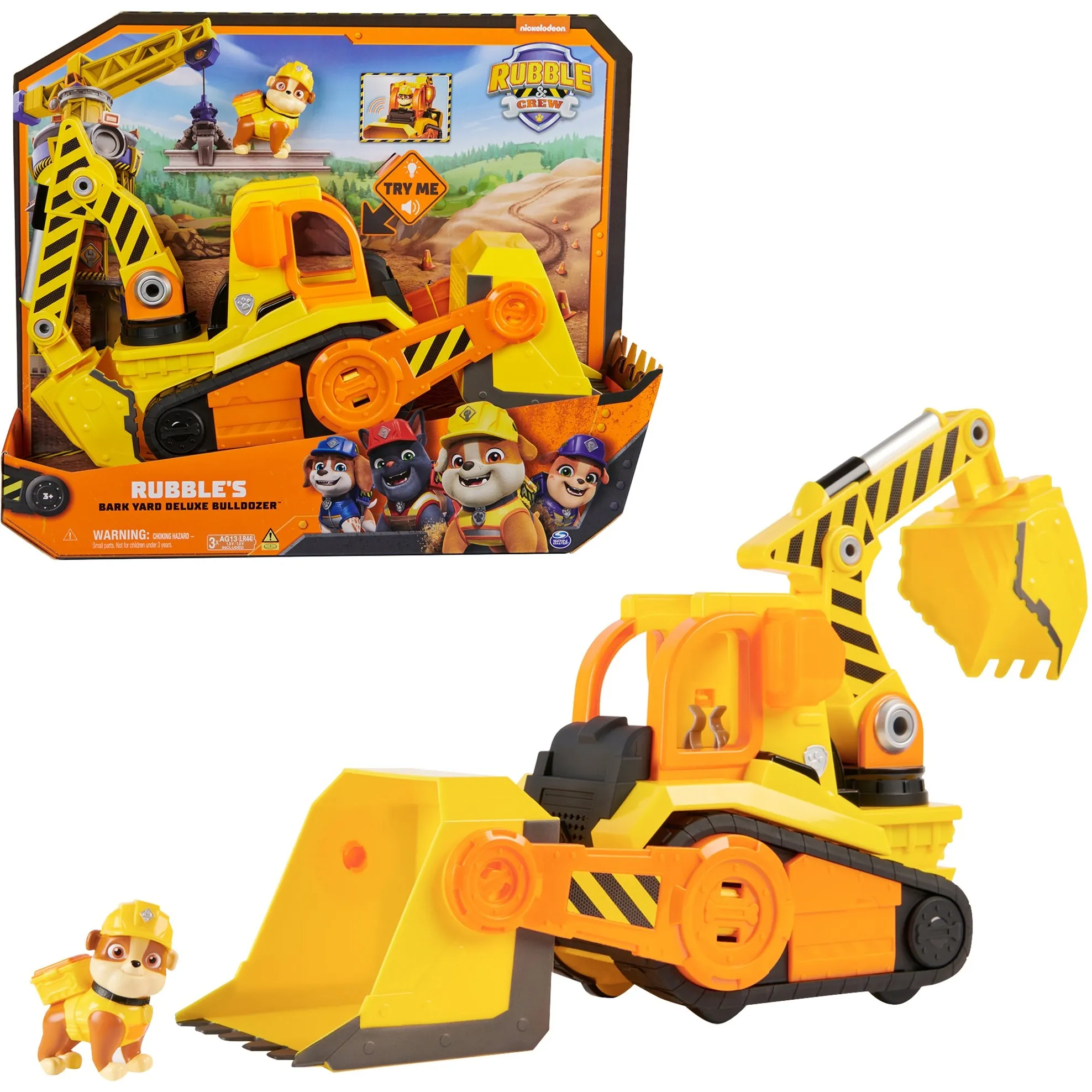 Rubble & Crew, Veicolo da lavoro Deluxe di Rubble, Bulldozer da cantiere con luci, suoni e personaggio, giocattoli per bambini e bambine dai 3 anni in su, veicolo da gioco