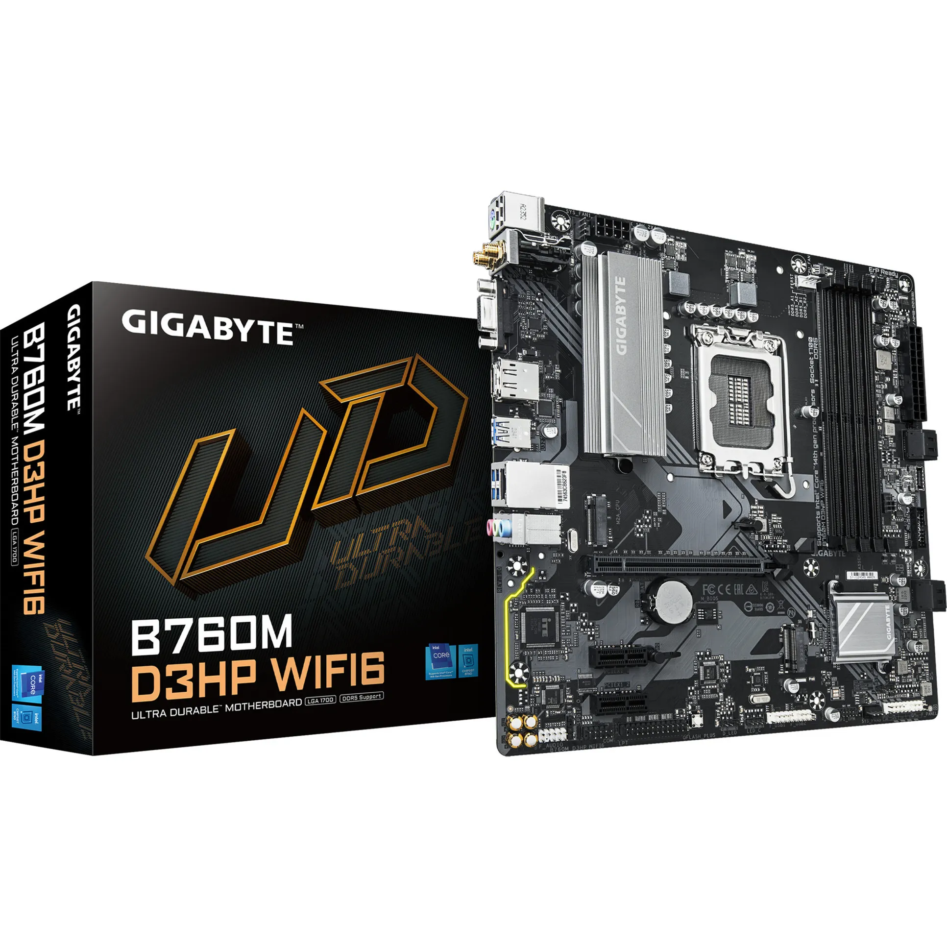 B760M D3HP WIFI6 Scheda madre - Compatibile con CPU Intel Core di 14ª generazione, VRM digitale a 4+1+1 fasi, fino a 5600 MHz DDR5, 2x M.2 PCIe 4.0, Wi-Fi 6, LAN GbE, USB 3.2 Gen 1
