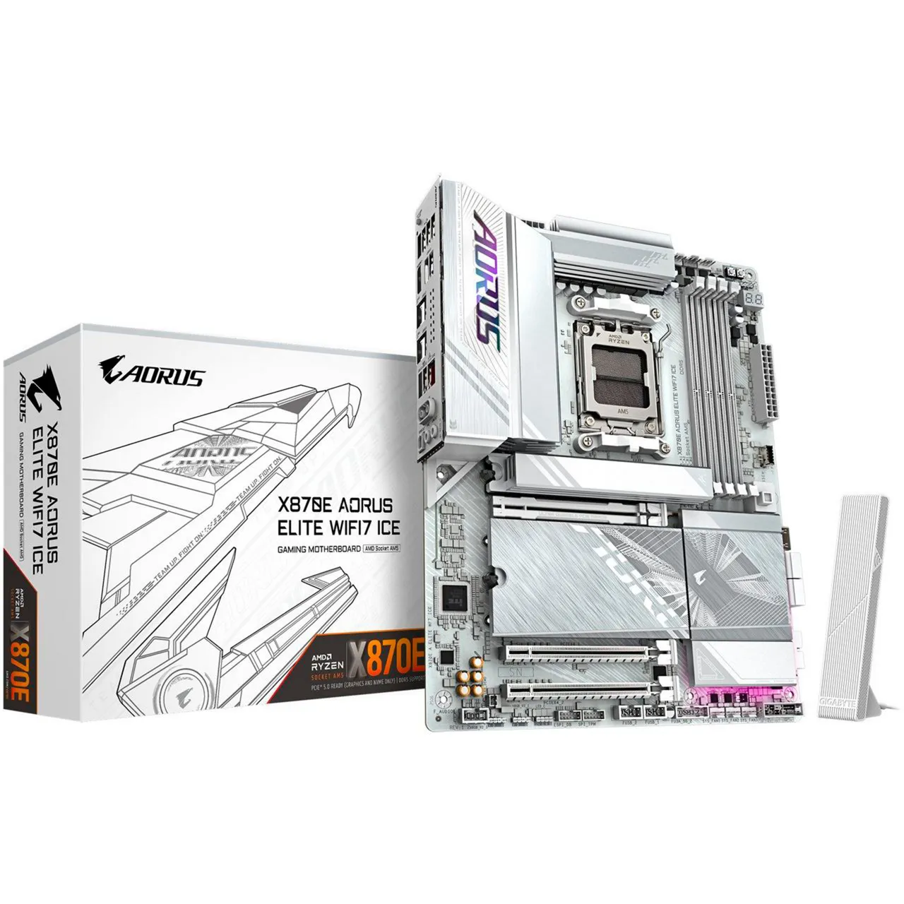 X870E AORUS ELITE WIFI7 ICE Scheda madre - Supporta CPU AMD Ryzen 9000, VRM digitale a 16+2+2 fasi, fino a 8200 MHz DDR5 (O.C.), 3x PCIe 5.0 + 1x PCIe 4.0, Wi-Fi 7, LAN 2.5 GbE, USB 4