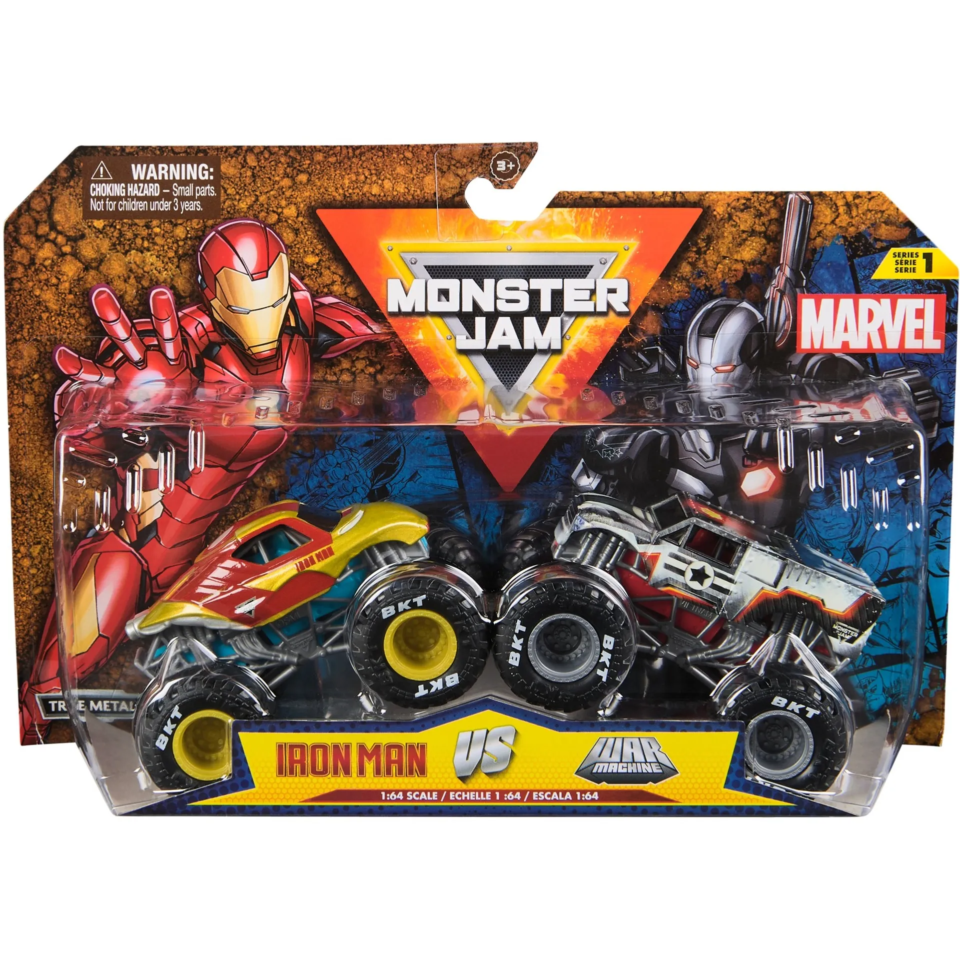 Monster Jam, Monster Truck die-cast ufficiali Marvel Iron Man Vs. War Machine, in scala 1:64, giocattoli per bambini e bambine dai 3 anni in su, veicolo da gioco
