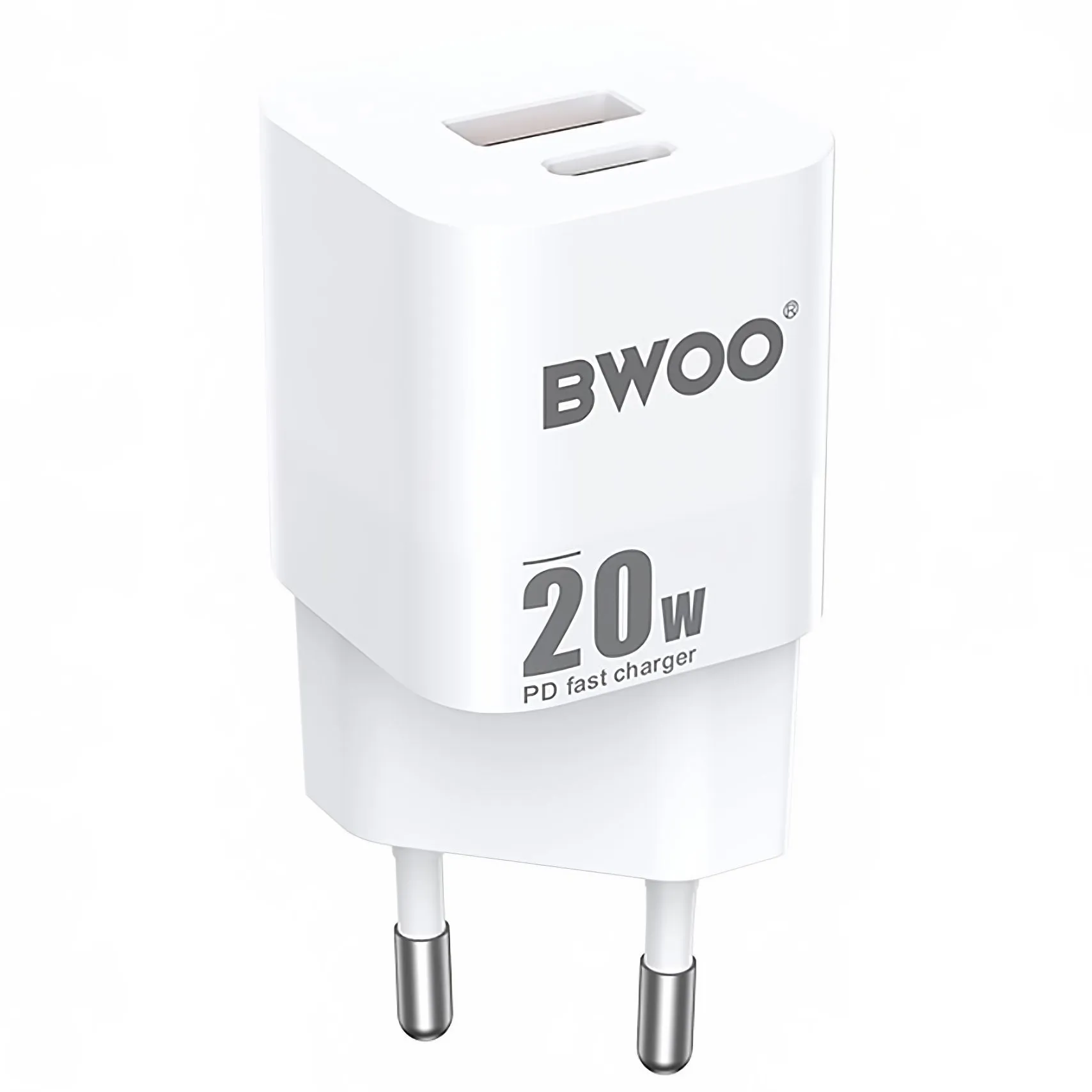 Caricabatterie di rete BWOO BO-CDA156, 20W, 3A, 1 x USB-A - 1 x USB-C, bianco