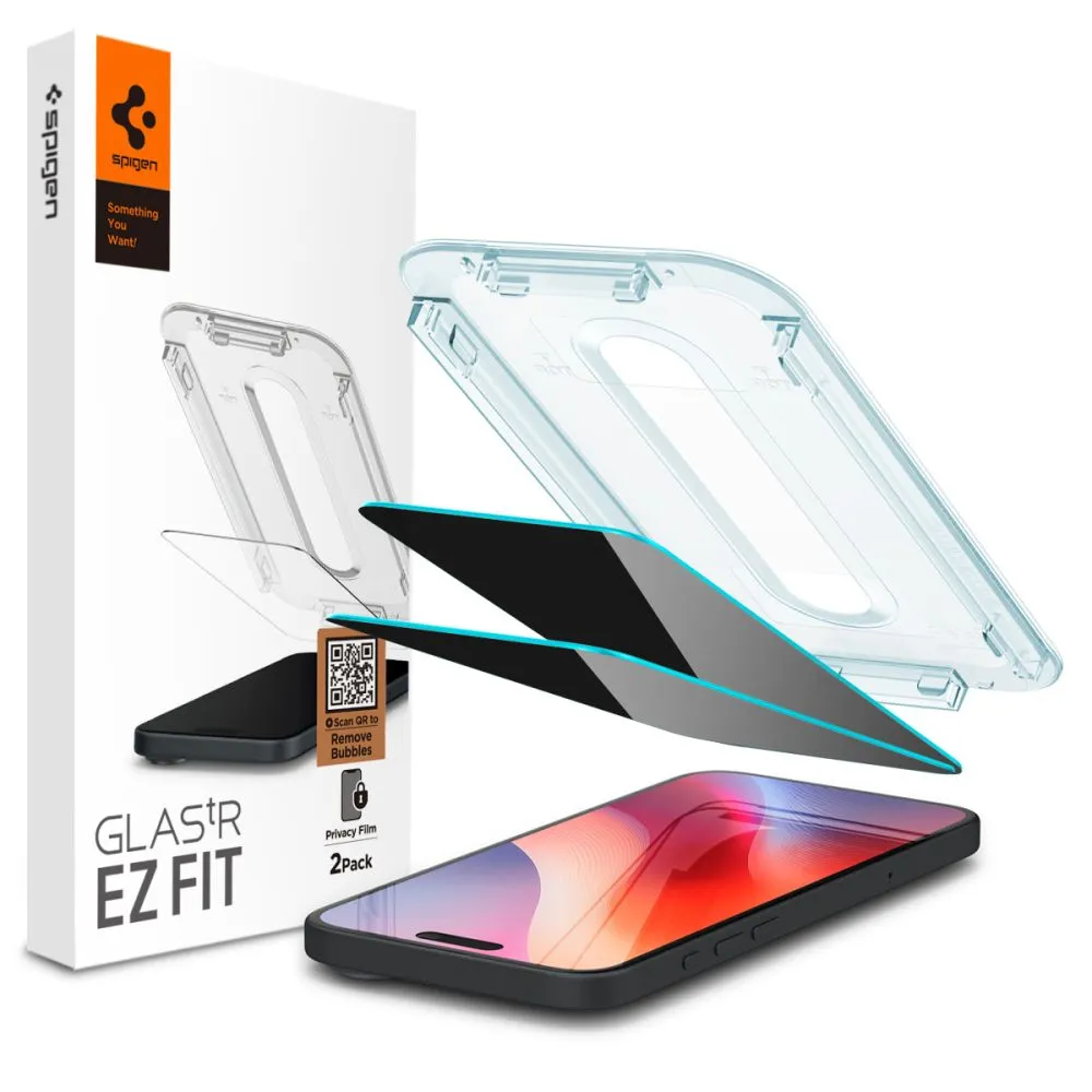 Pellicola Protettiva Schermo Privacy Spigen GlastR EZ FIT per Apple iPhone 17 Pro Max / 16 Pro Max, Vetro Temperato, Full Glue, Set 2 pezzi AGL07908