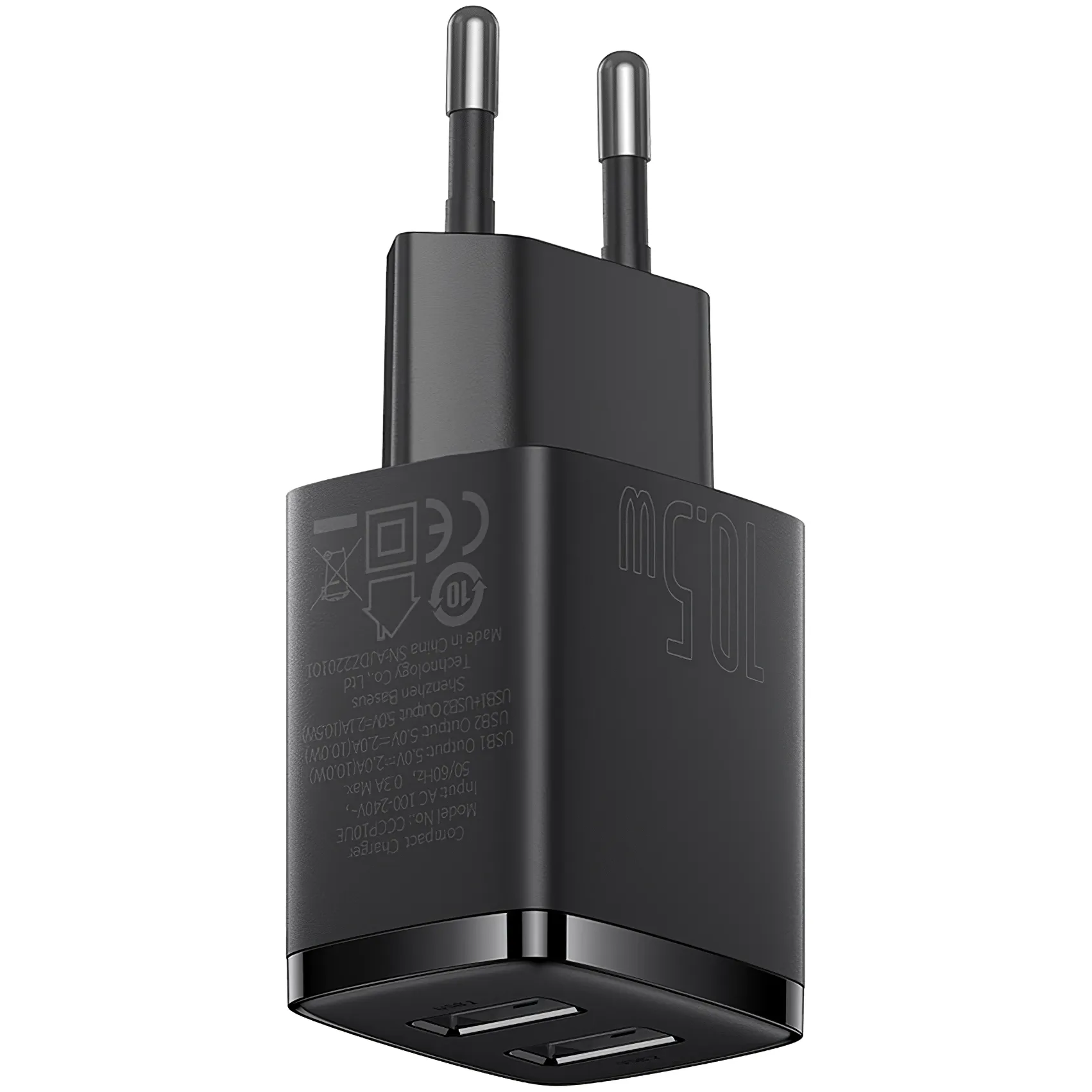 Caricabatterie Rete Baseus Compact, 10.5W, 2.1A, 2 x USB-A, Nero CCXJ010201