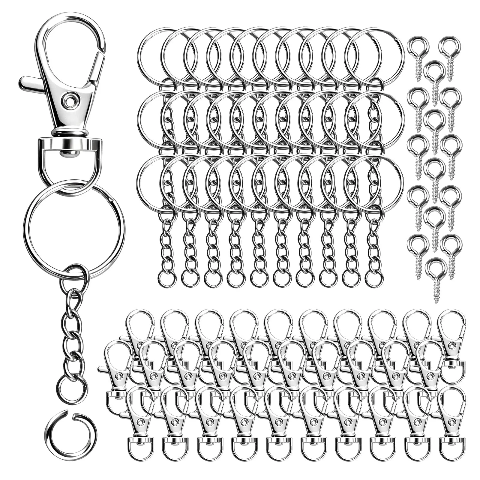 VINATO 150 Pezzi Set Anelli Portachiavi Alliaggio di Zinco, con Catenella Anelli Aperti Moschettoni Girevoli, Keychain kit Moschettone Portachiavi per Fai da te Mestieri Artigianato (Argento)