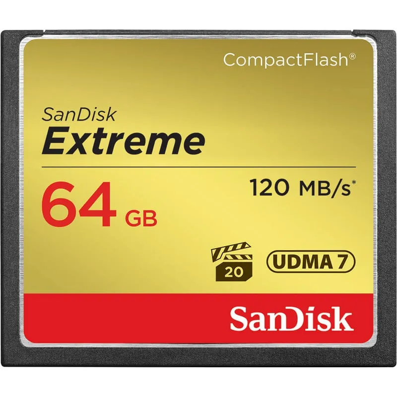 Scheda CompactFlash SanDisk Extreme da 64 GB, velocità 120 MB/s, velocità di scrittura 85 MB/s, nera