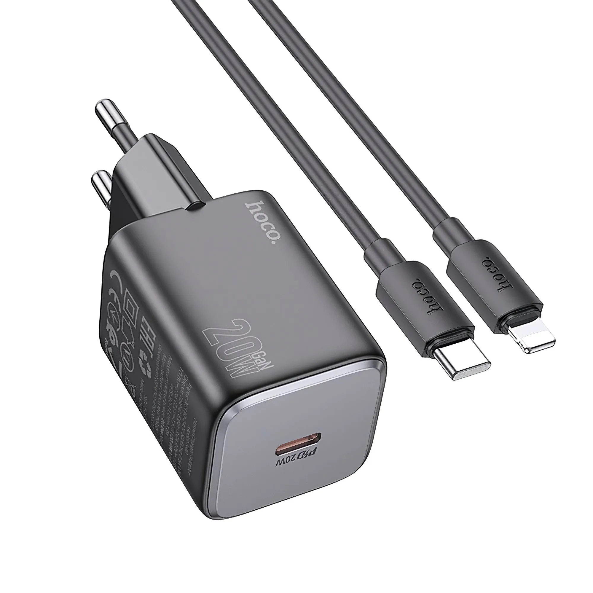 Caricatore di rete con cavo Lightning HOCO N40, 20W, 3A, 1 x USB-C, nero