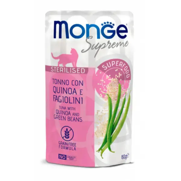 Monge Supreme Sterilised in salsa bustina da 80 gr Tonno con quinoa e fagiolini - confezione da 24 pezzi - Cibo umido per gatti