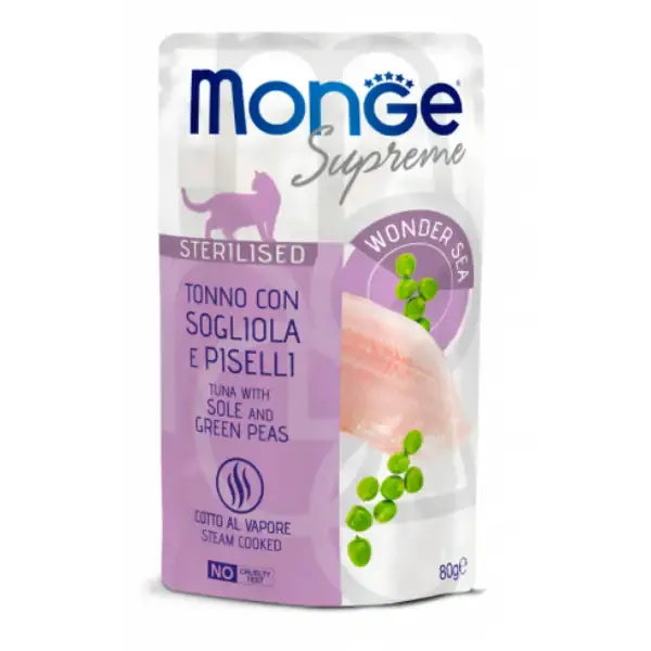 Monge Supreme Sterilised in salsa bustina da 80 gr Tonno con sogliola e piselli - confezione da 24 pezzi - Cibo umido per gatti