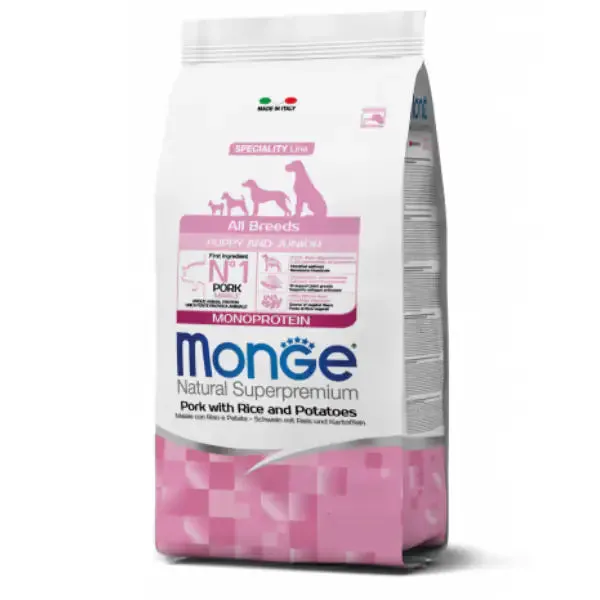 Monge Natural Superpremium All Breeds Puppy & Junior Monoprotein Maiale con Riso 12 kg - Crocchette monoproteiche cane