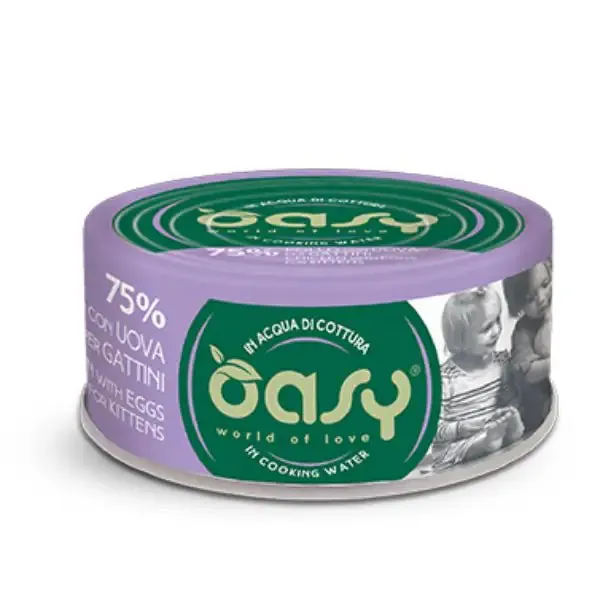 Oasy More Love Cat Kitten Lattine in acqua di cottura 70 gr Pollo e uova - confezione da 24 pezzi - Cibo umido per gatti