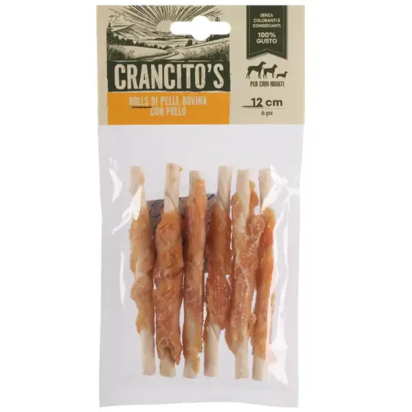 Crancito's snack naturale Dog Adult Rolls di pelle bovina Bovino e pollo - 6 pezzi (scadenza: 30/03/2027)
