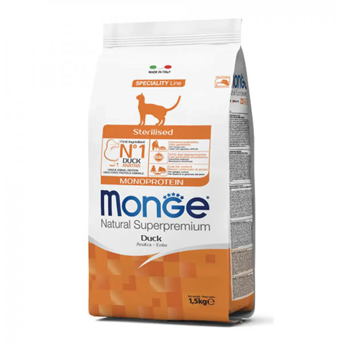 Monge Natural Superpremium Sterilised Monoprotein con Anatra 1,5 kg - Cibo monoproteico gatto