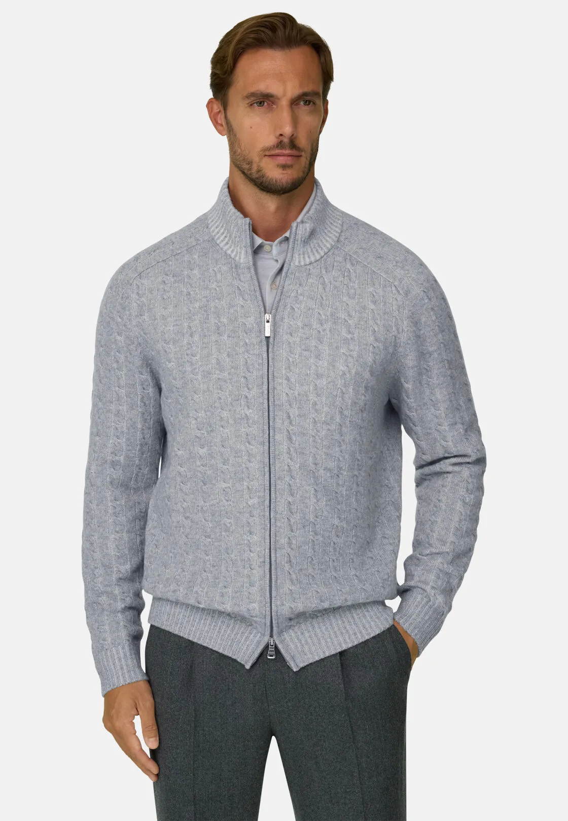 Boggi, Lupetto Full Zip In Lana Cashmere Vanisé, Uomo, Grigio, Taglia: XL