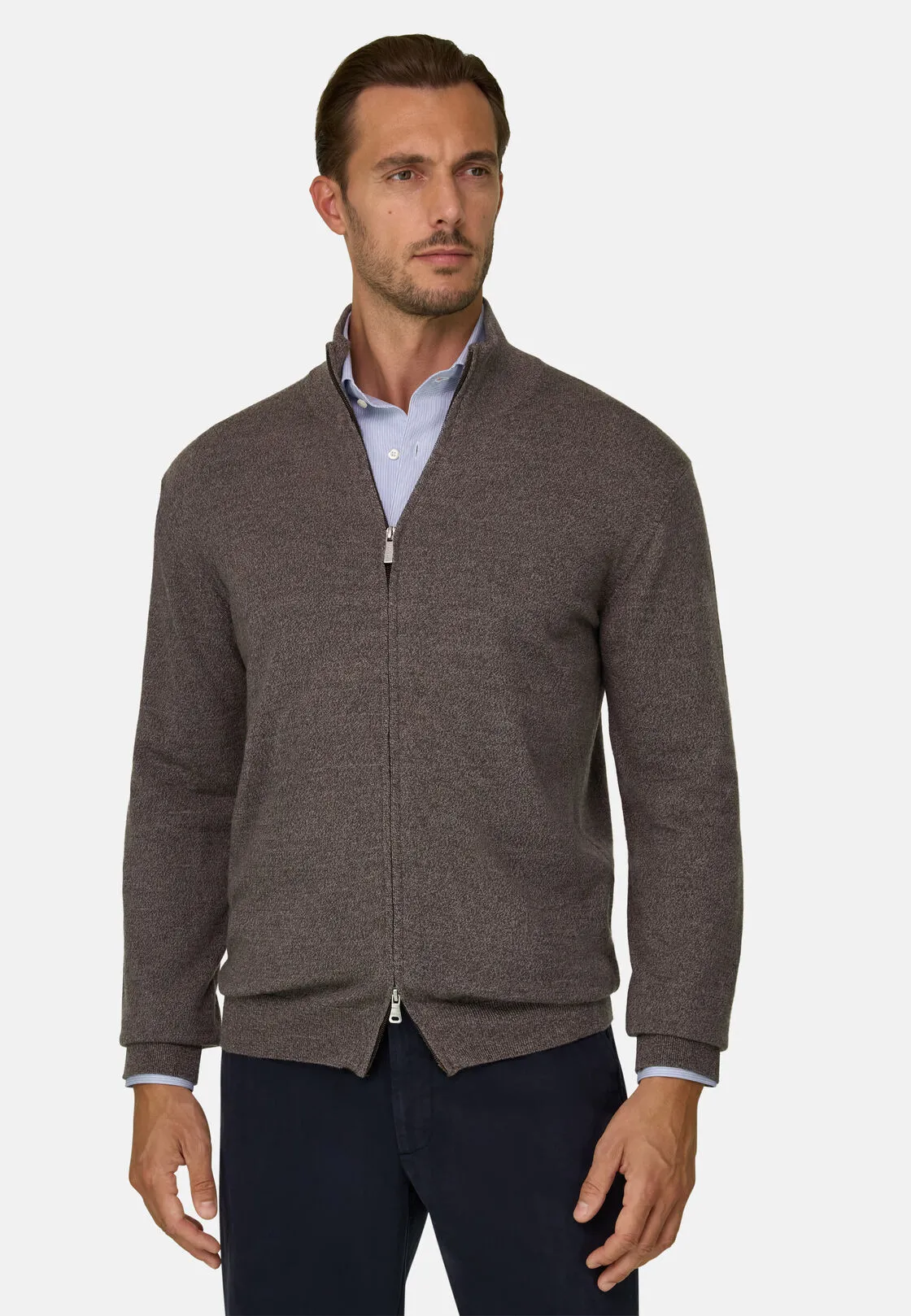Boggi, Maglia Full Zip In Lana Merino Cashwool® Mouliné, Uomo, Taupe, Taglia: L