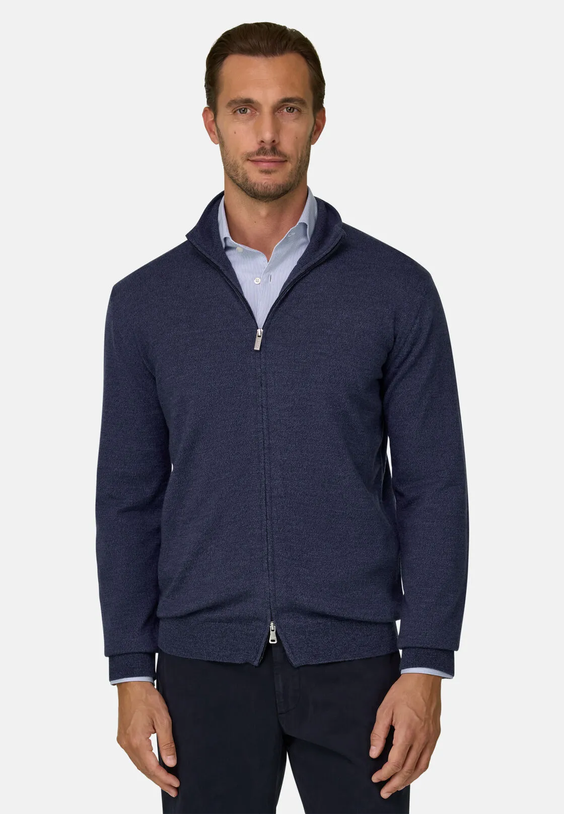 Boggi, Maglia Full Zip In Lana Merino Cashwool® Mouliné, Uomo, Indaco, Taglia: S