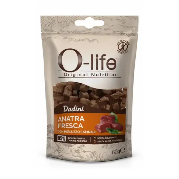 O-life Adult Snack per cani Dadini Carne fresca 80 gr Anatra con merluzzo e spinaci