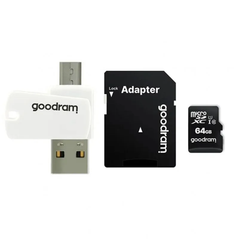 GoodRam M1A4 Lettore di schede OTG tutto in uno USB 2.0/Micro USB + MicroSDXC 64GB UHS-I Classe 10 + Adattatore SD
