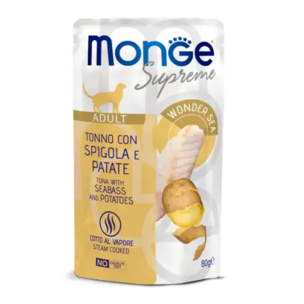 Monge Supreme Cat Adult in salsa bustina da 80 gr Tonno con spigola e patate - confezione da 24 pezzi - Cibo umido per gatti