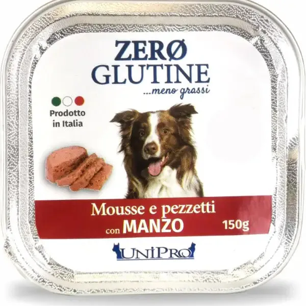 Unipro Zero glutine Mousse e pezzetti Dog Adult 150 gr Manzo - Cibo umido per cani
