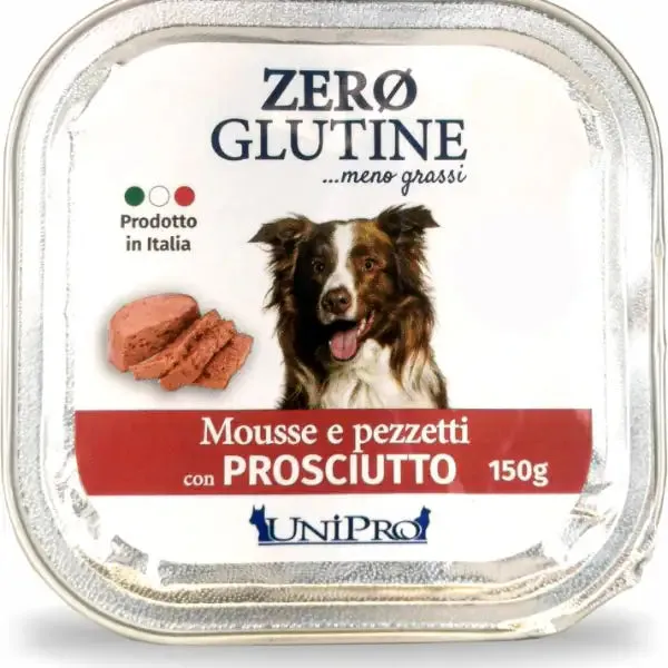 Unipro Zero glutine Mousse e pezzetti Dog Adult 150 gr Prosciutto - Cibo umido per cani