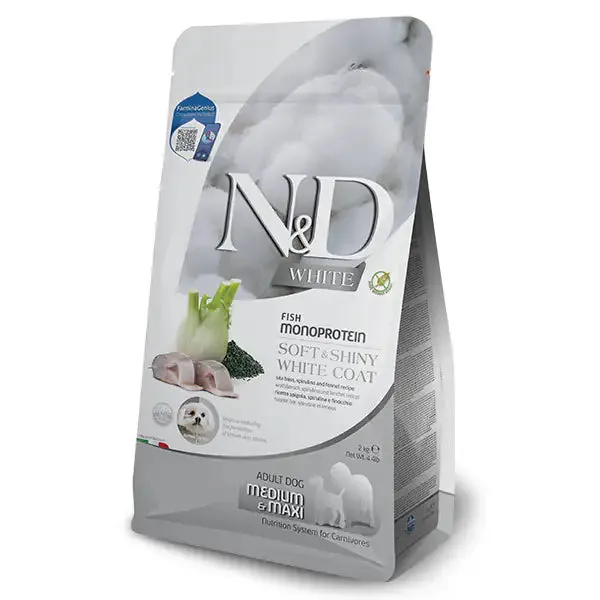 Farmina N&D White Grain Free Adult Medium/Maxi Spigola, spirulina e finocchio 7 kg - Croccantini per cani